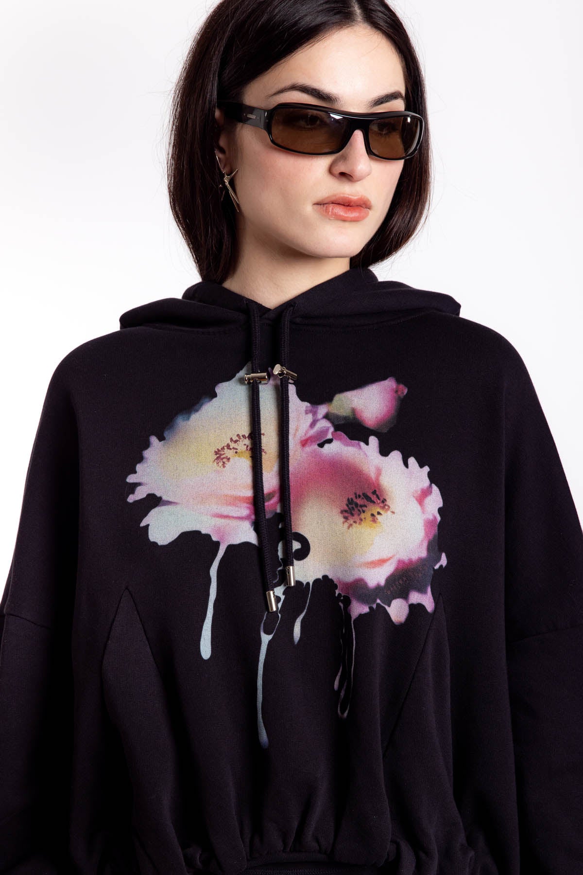Gathered Hoodie - Black Flower Dream