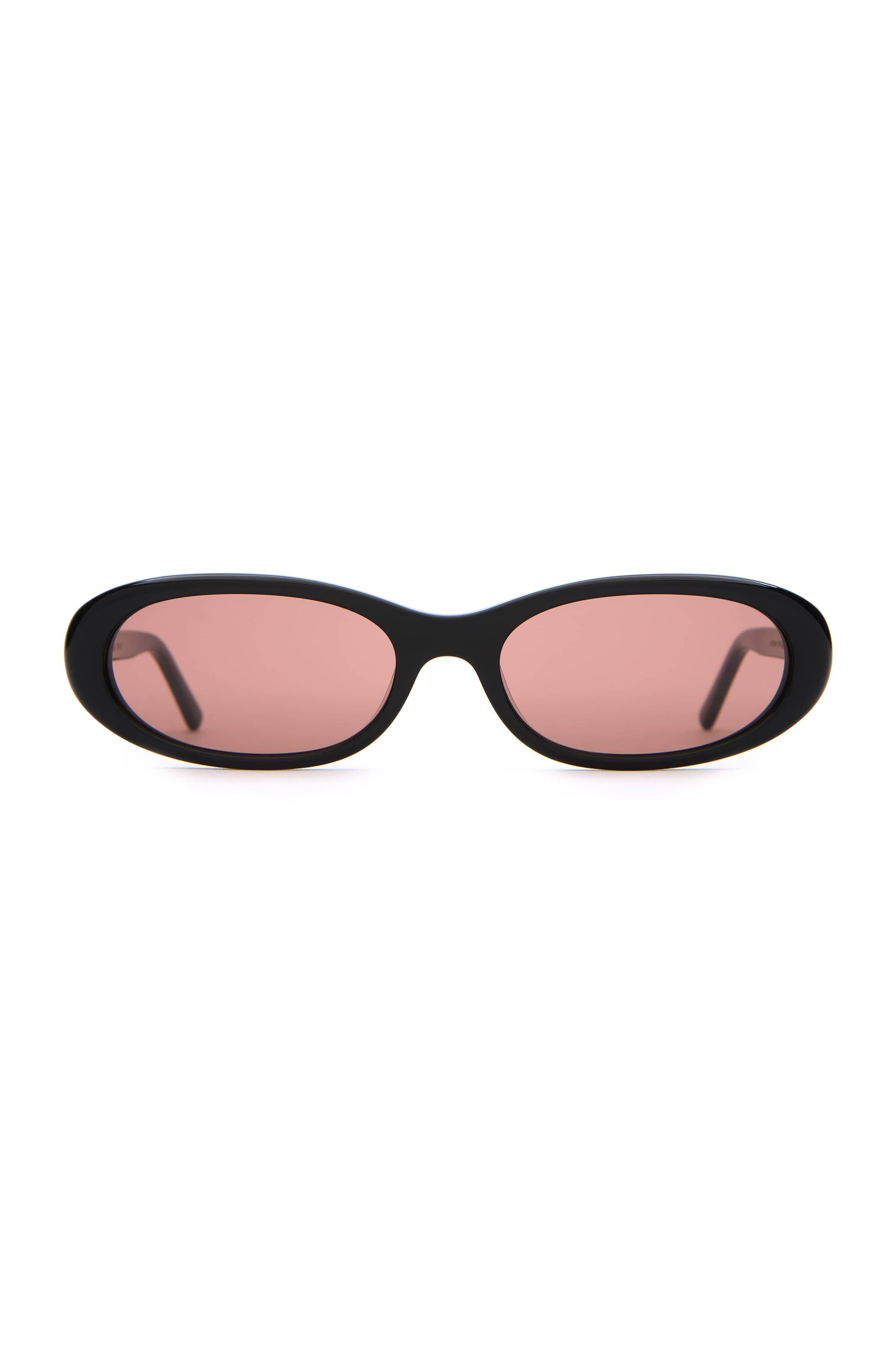 Black sunglasses with pink lenses on a white background