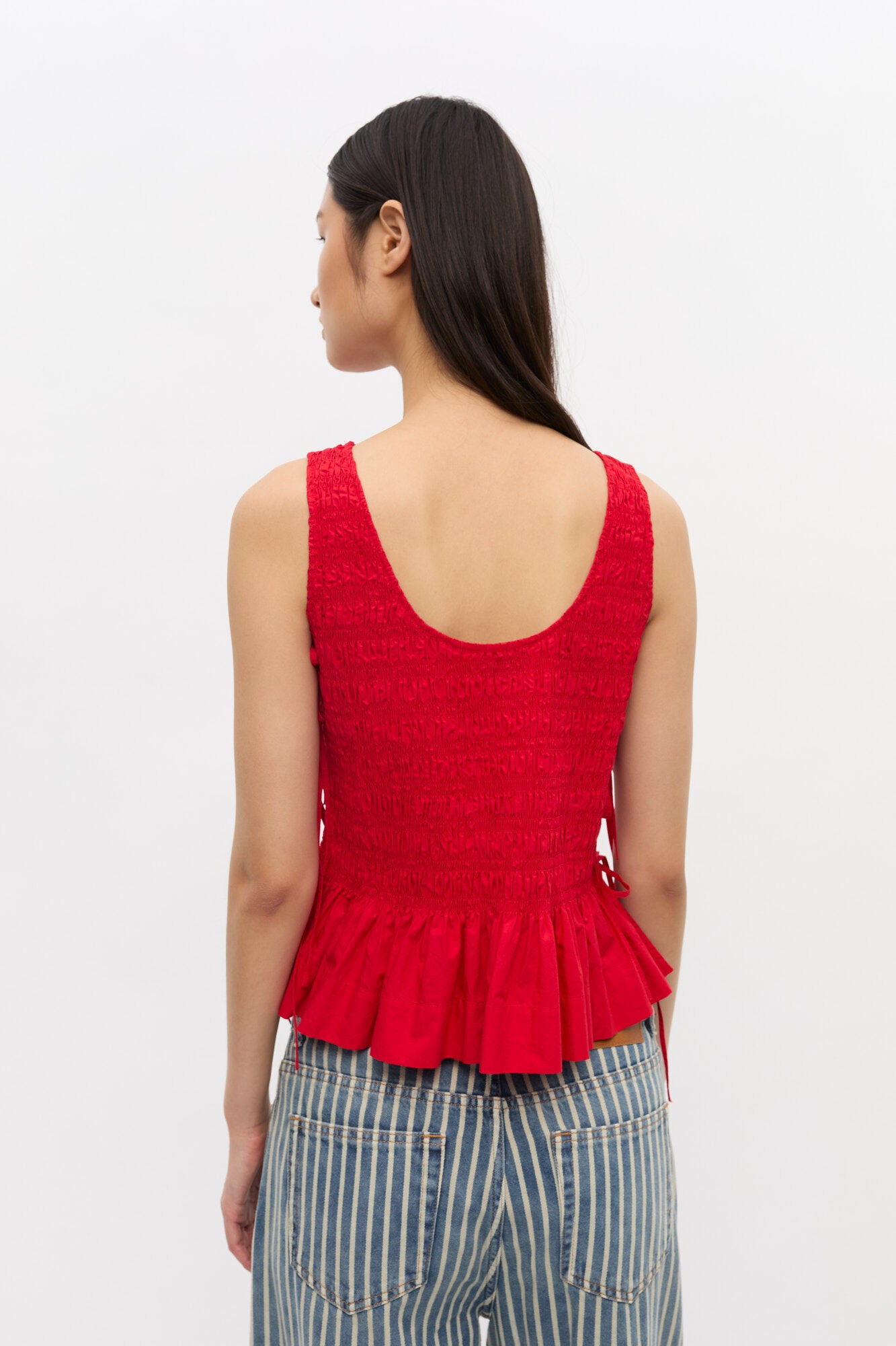 Cotton Poplin Smock Tie String Top - Racing Red