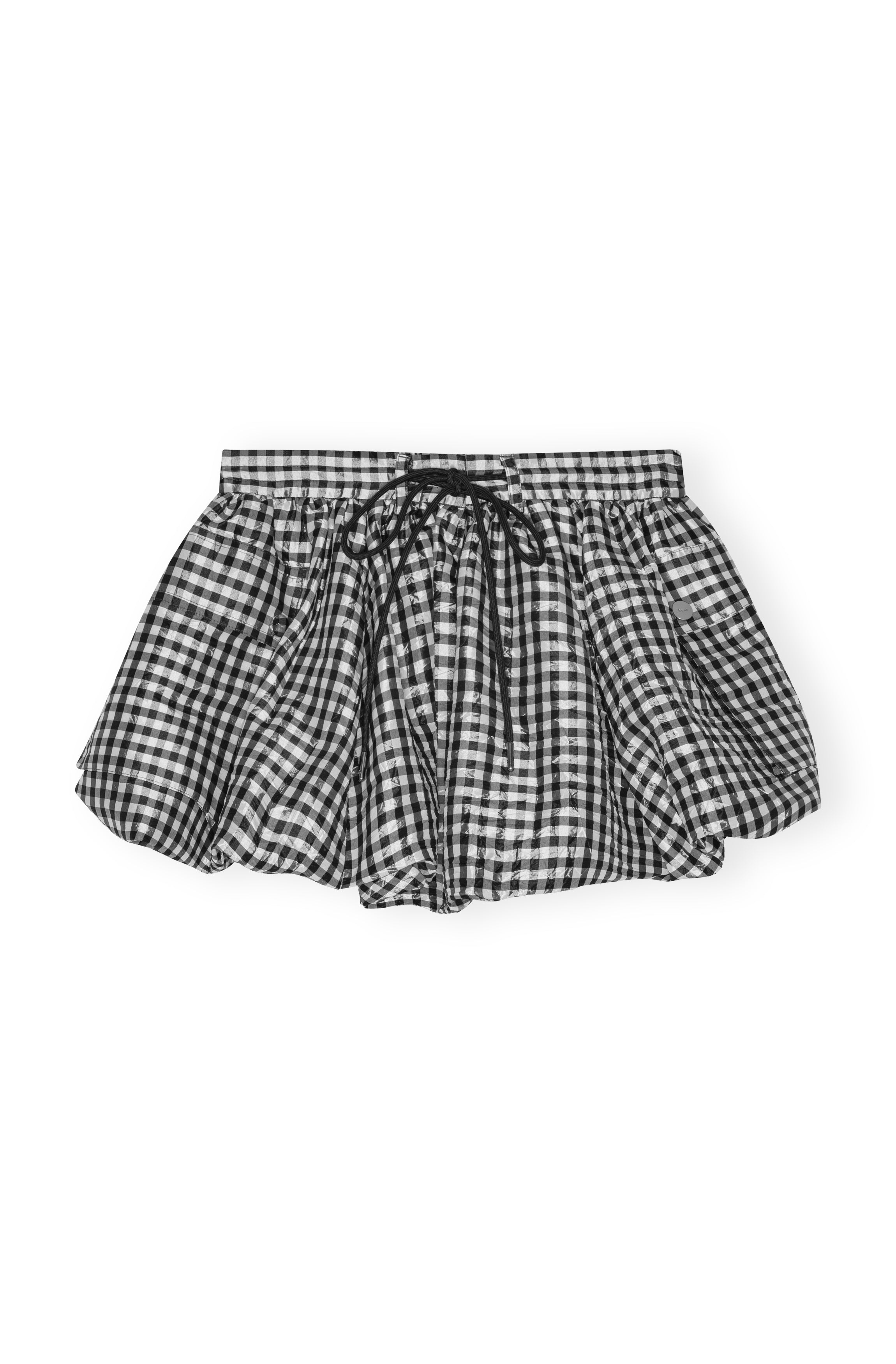 Crinkled Taffeta Check Mini Bubble Skirt - Black