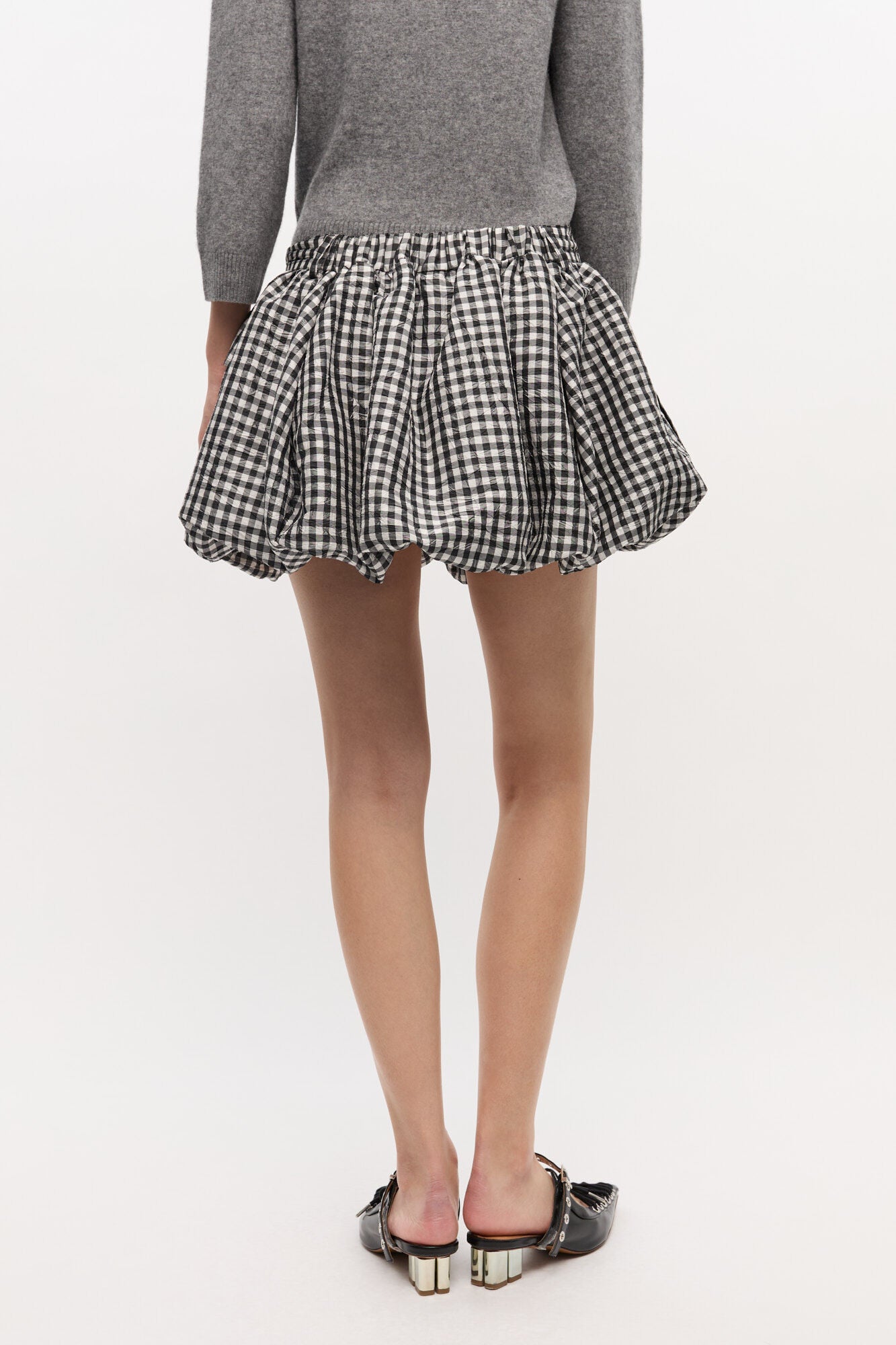 Crinkled Taffeta Check Mini Bubble Skirt - Black