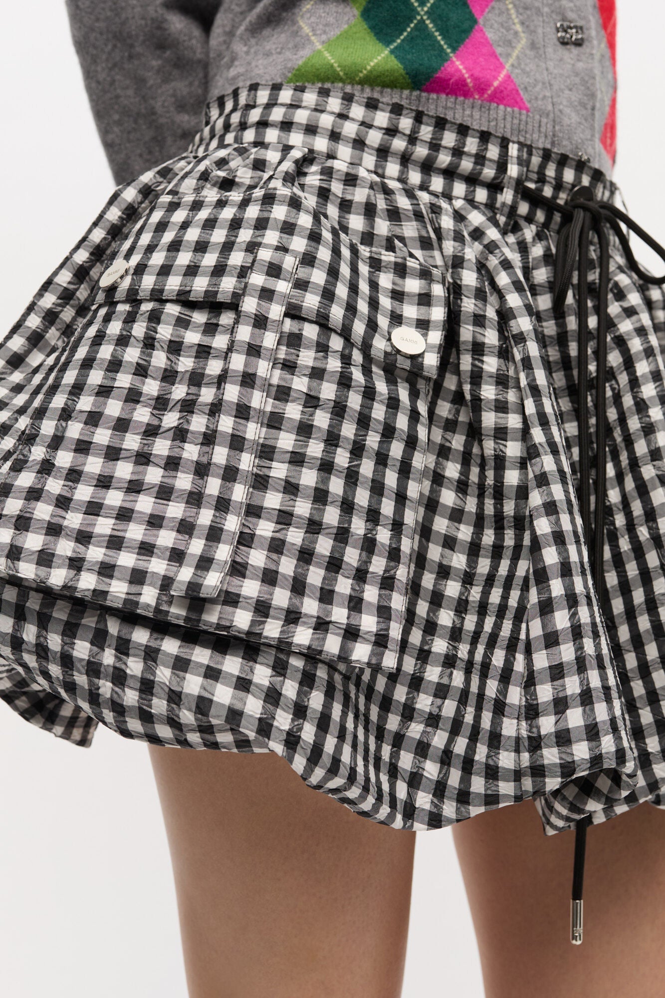 Crinkled Taffeta Check Mini Bubble Skirt - Black