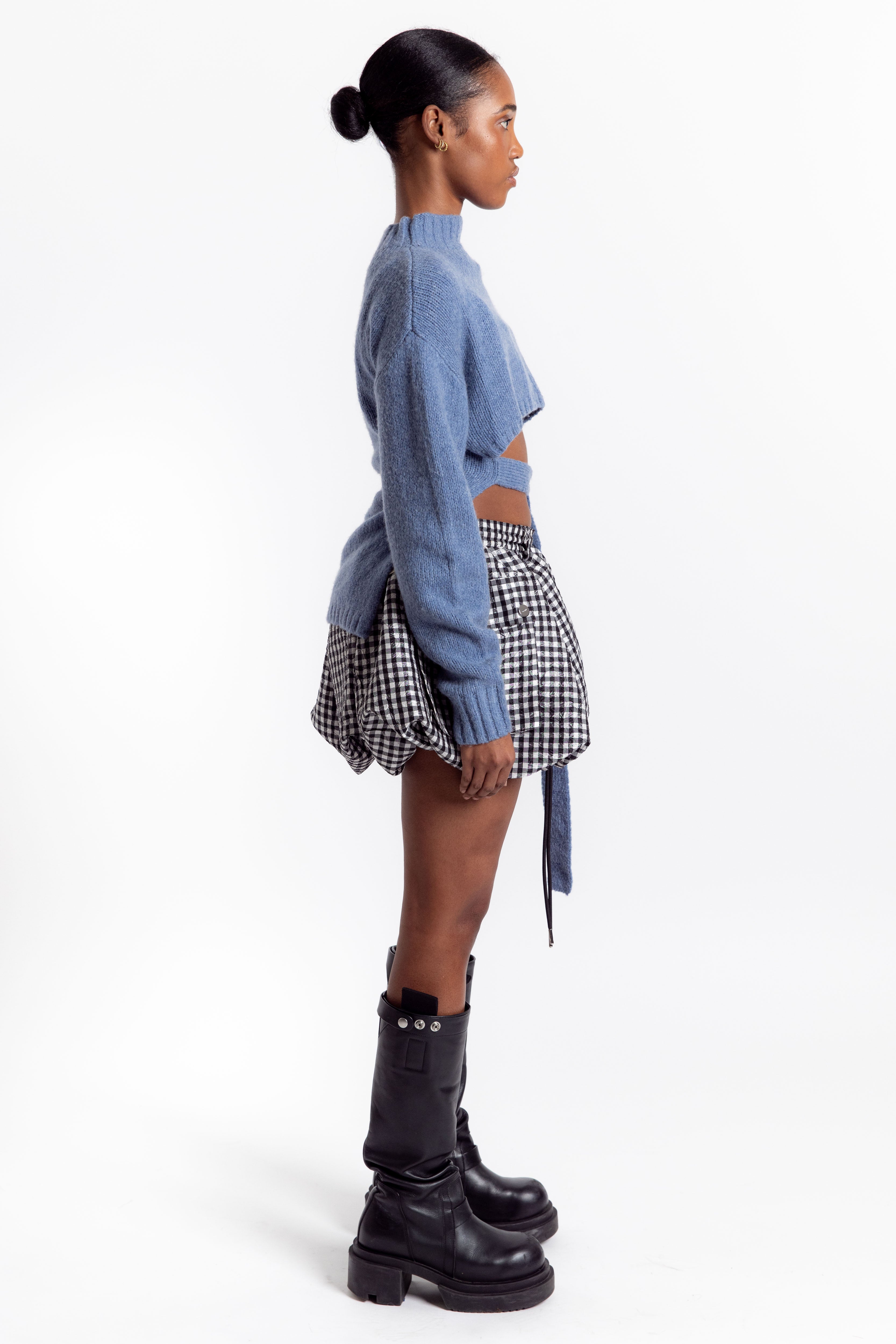 Crinkled Taffeta Check Mini Bubble Skirt - Black