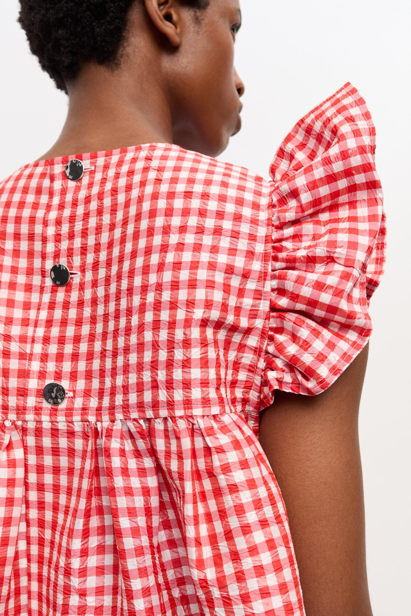 Crinkled Taffeta Check Frill Mini Dress - Red Alert