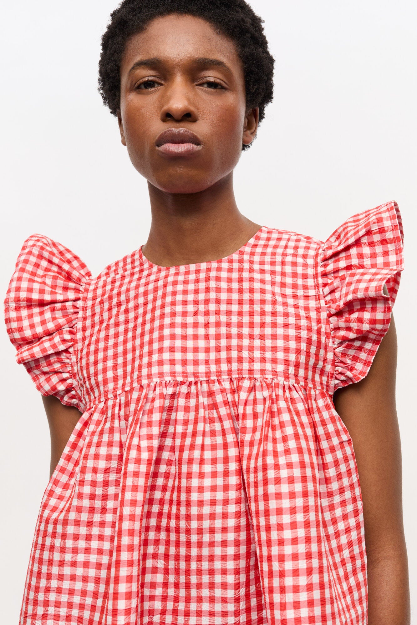 Crinkled Taffeta Check Frill Mini Dress - Red Alert