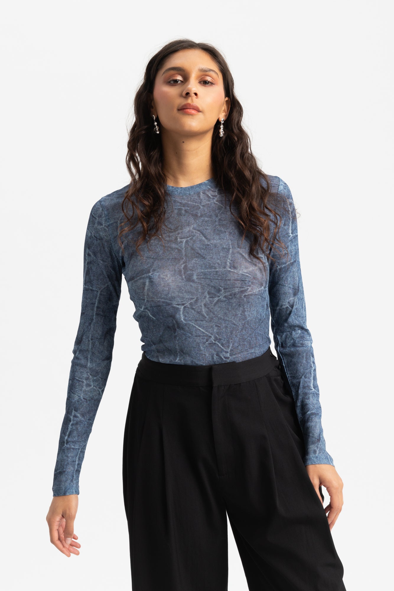 Long Sleeve Crewneck Blouse - Denim