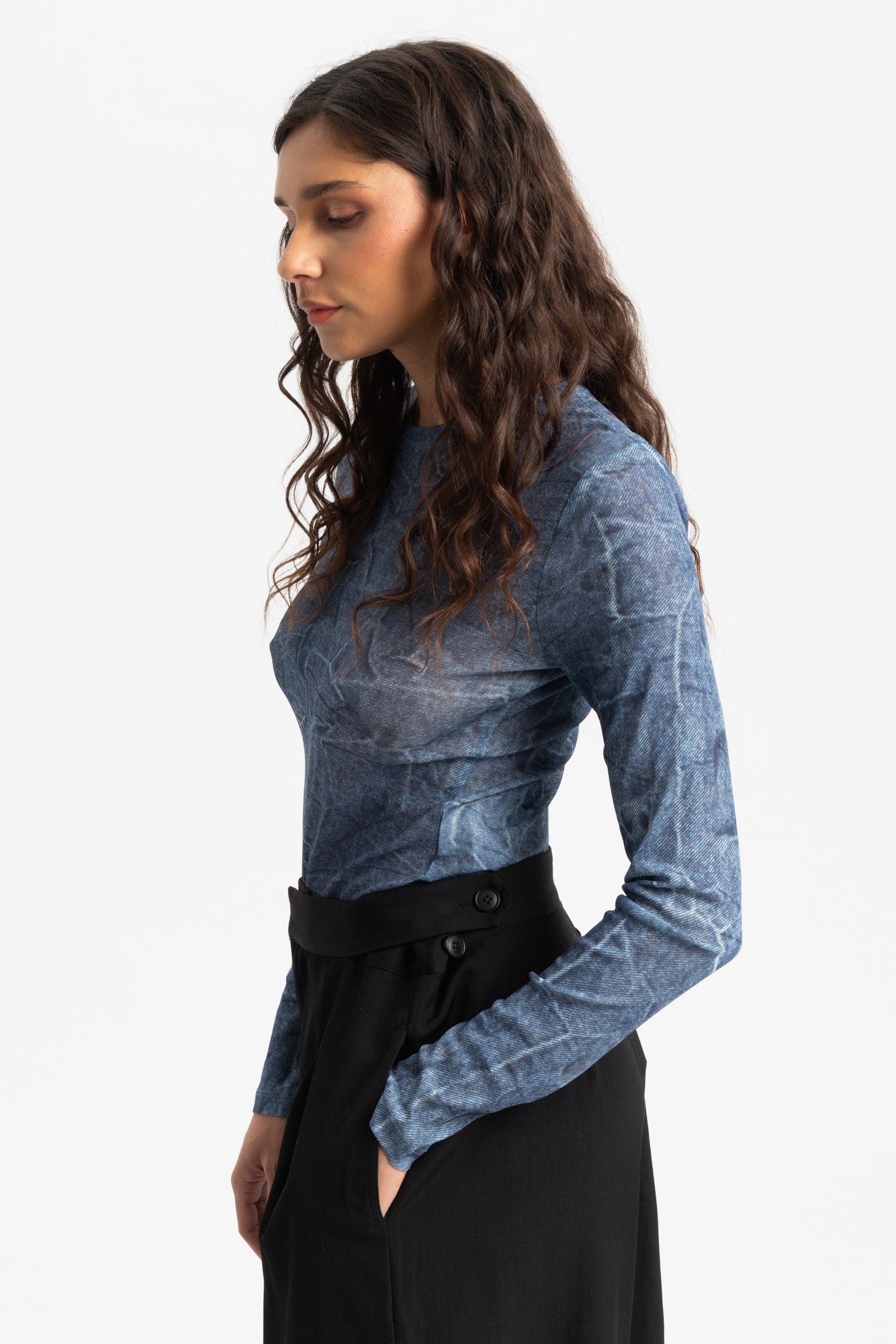 Long Sleeve Crewneck Blouse - Denim