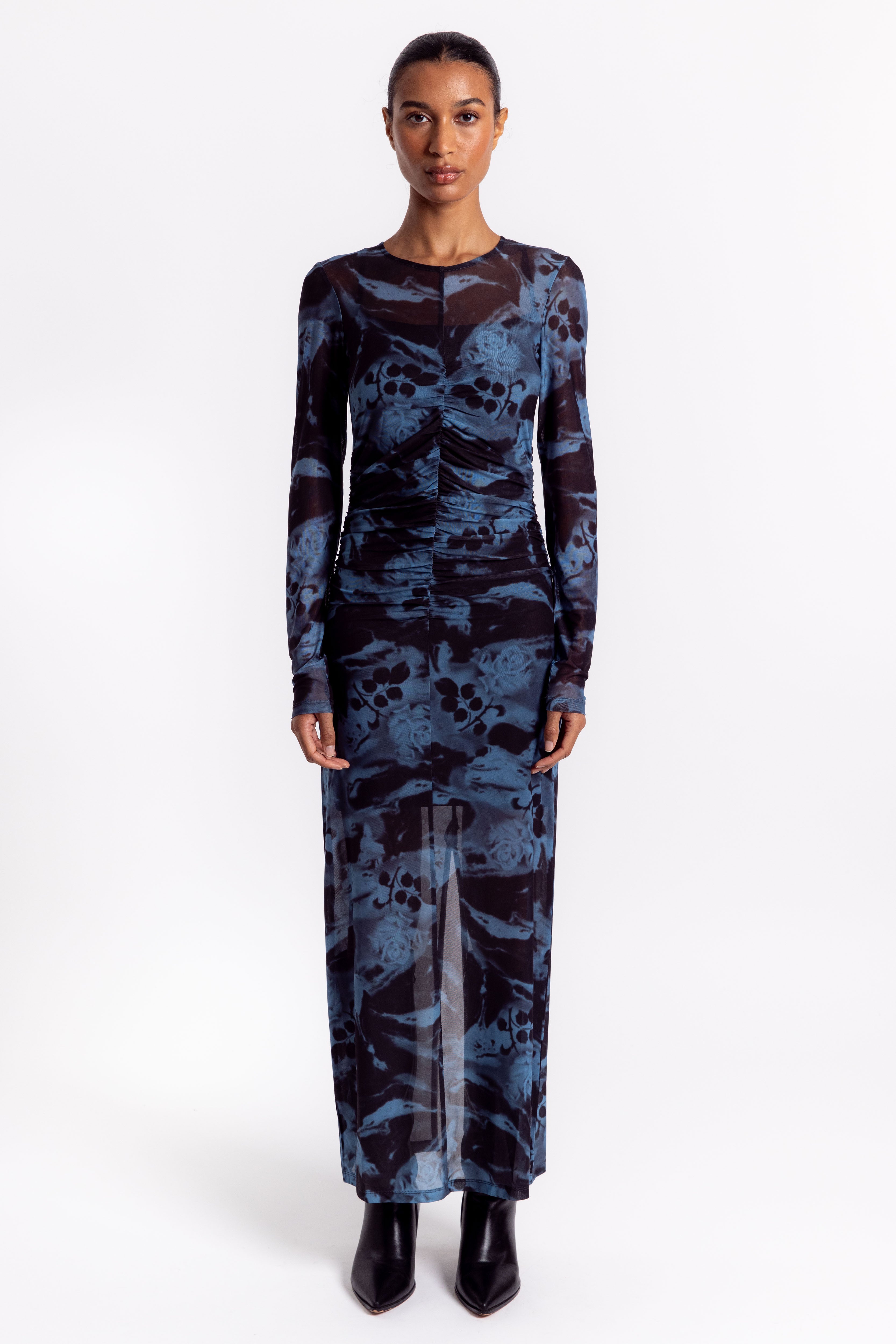 Printed Mesh O-neck Ruched Long Dress - Blue Shadow
