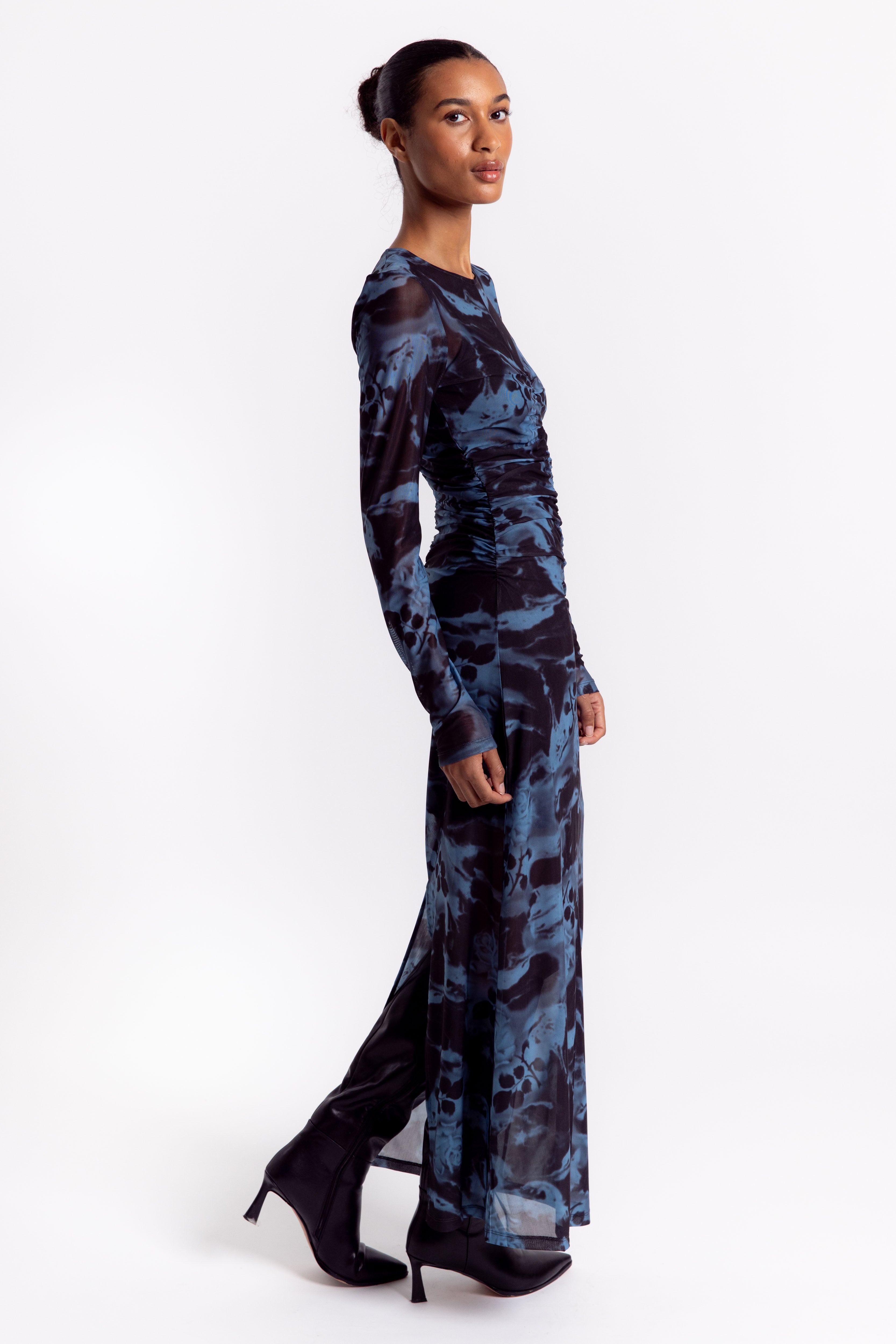 Printed Mesh O-neck Ruched Long Dress - Blue Shadow