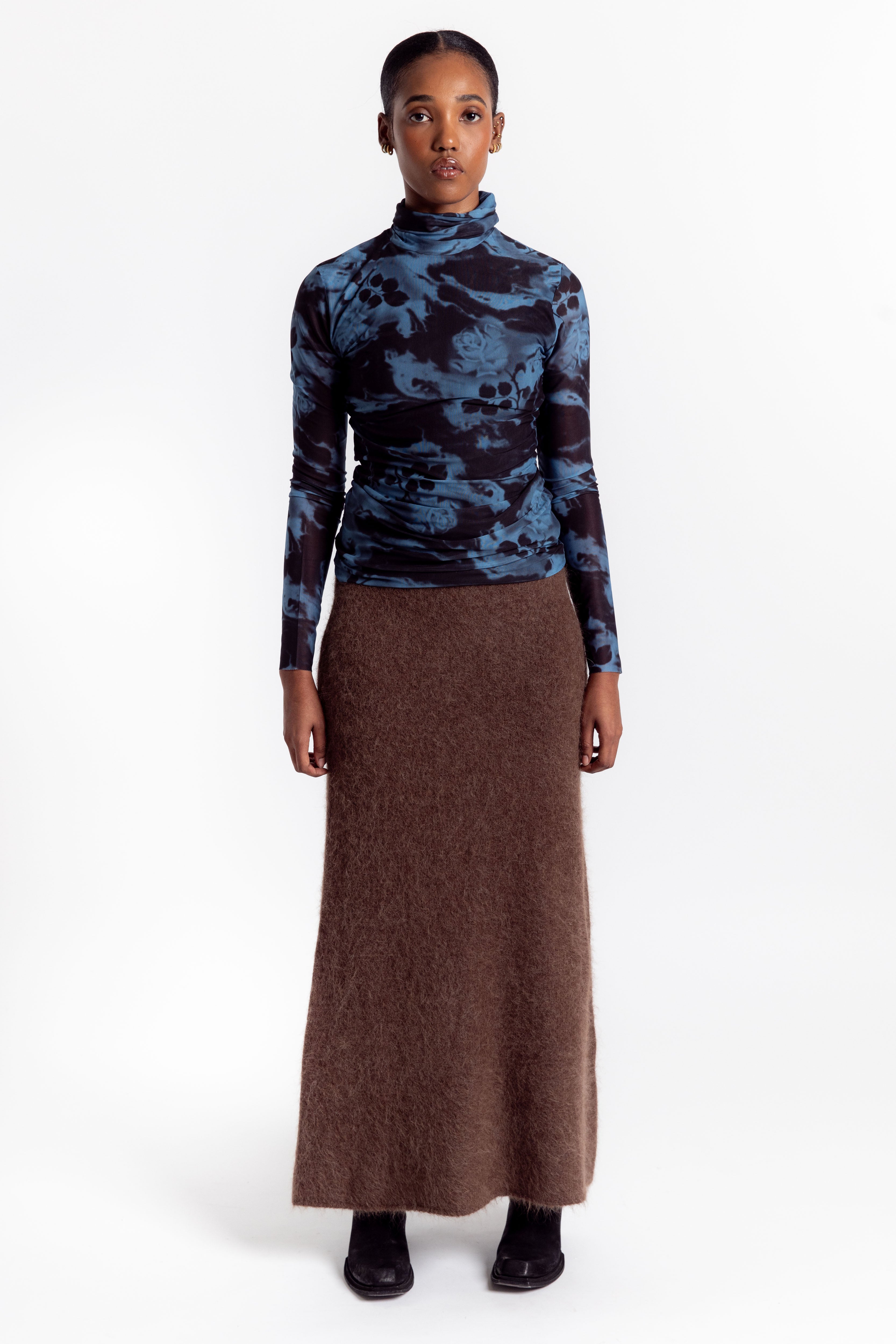 Printed Mesh Long Sleeve Rollneck - Blue Shadow