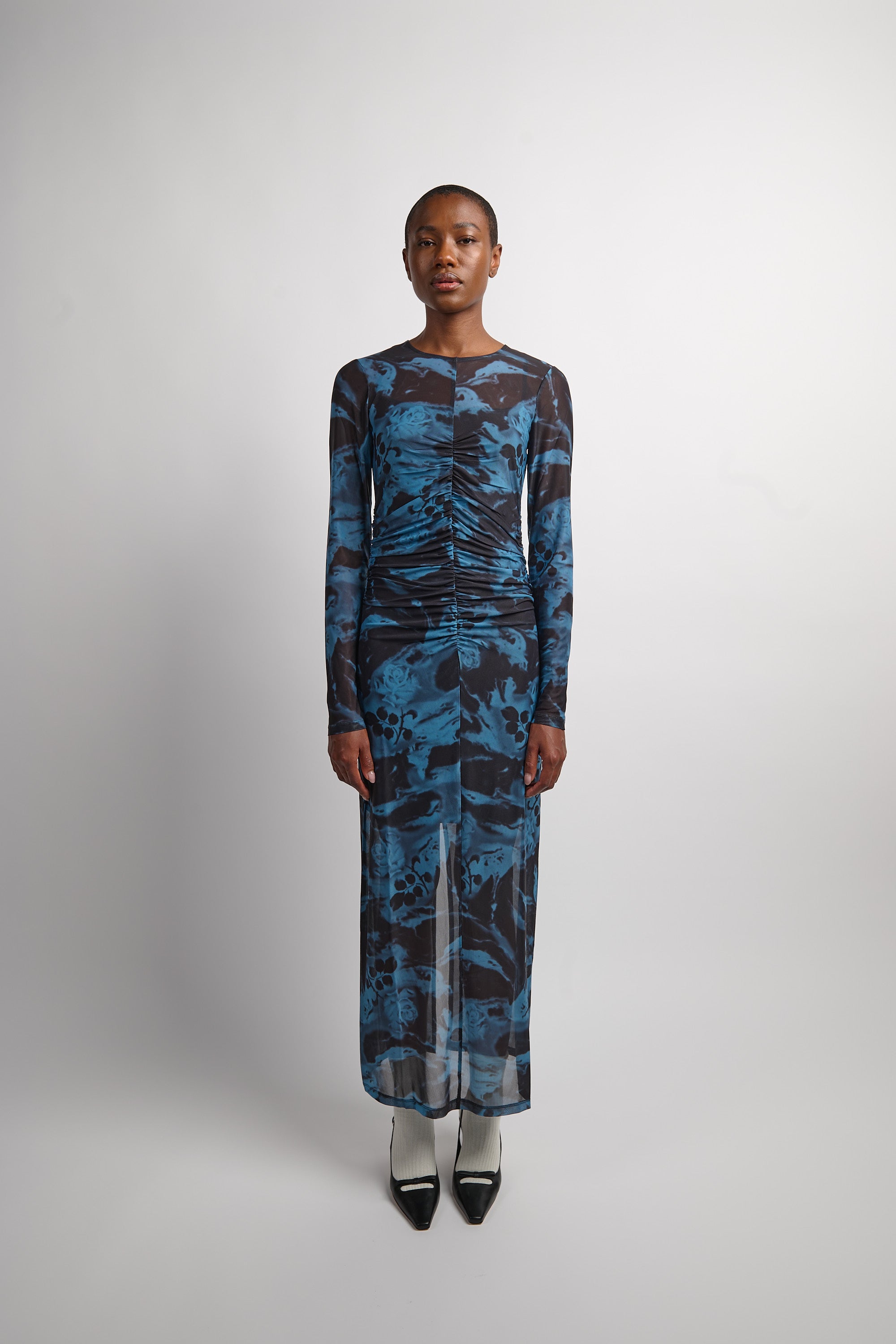 Printed Mesh O-neck Ruched Long Dress Blue Shadow