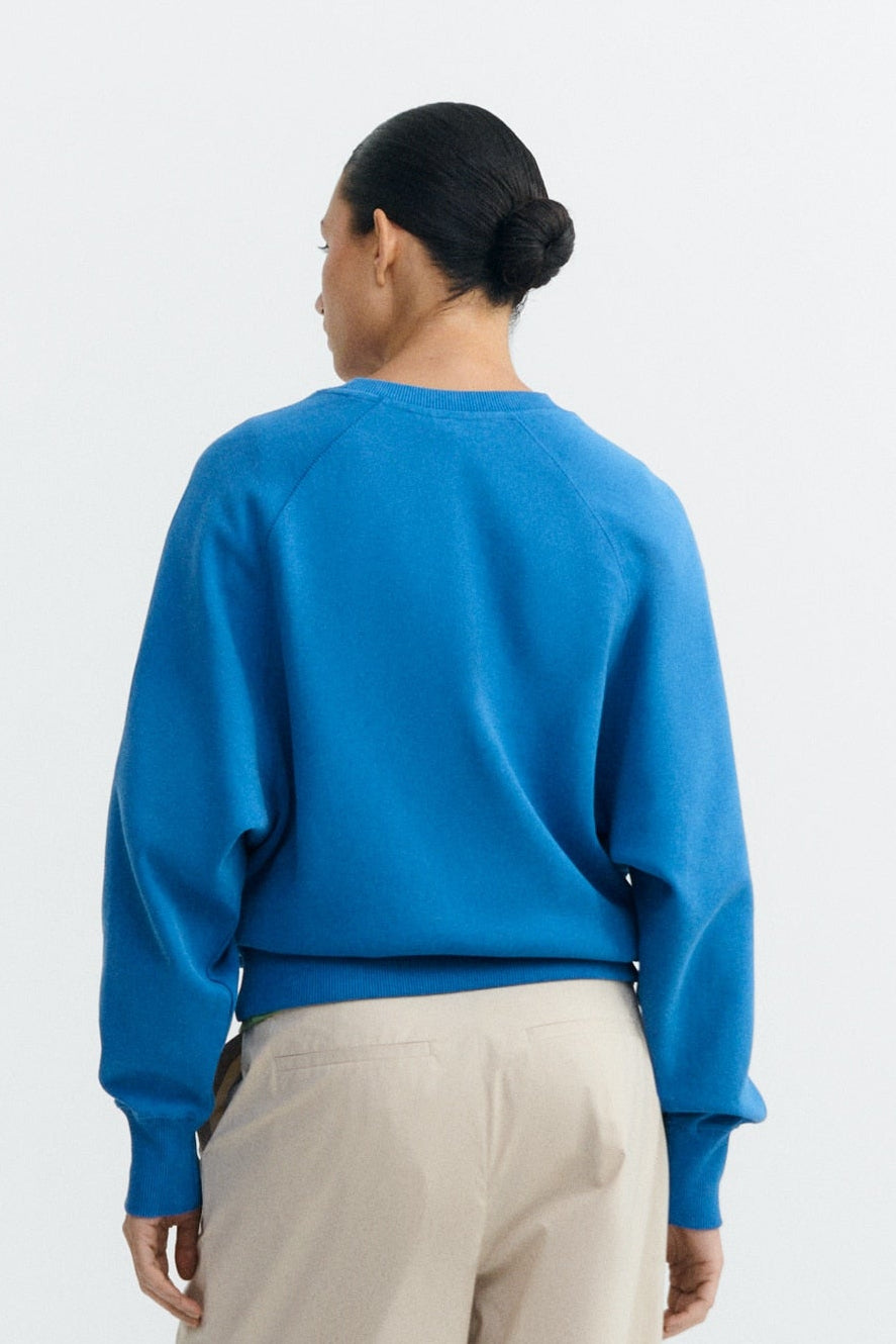 Person wearing a blue sweater and beige pants on a white background