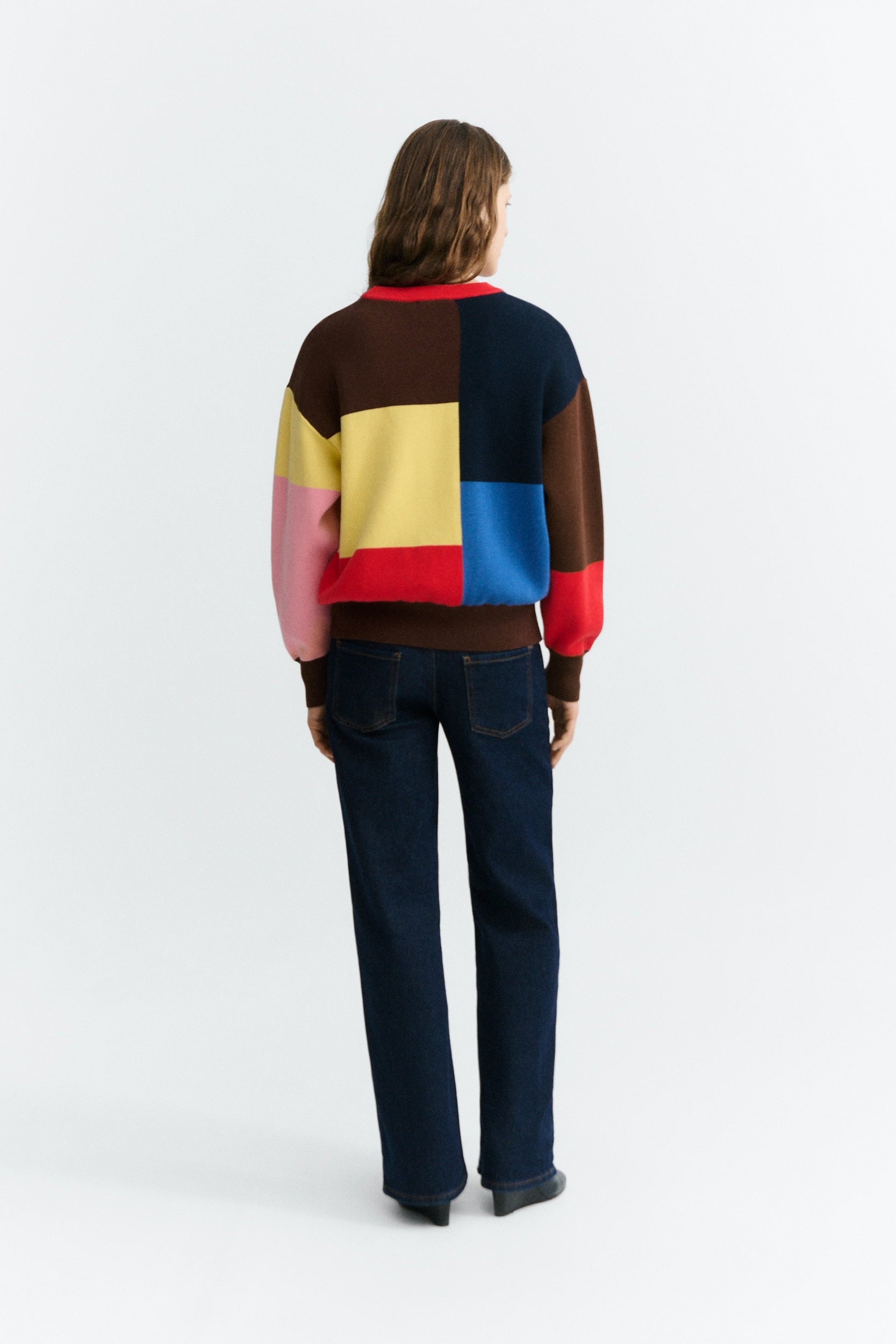 A model viewed from the back wearing a color-blocked knit sweater with geometric panels in brown, navy, yellow, pink, red, and blue, paired with dark blue jeans on a light gray studio background.