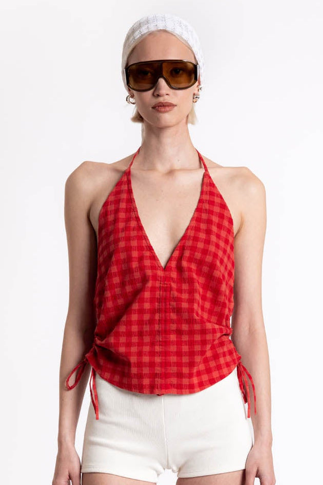 Red Checks Seersucker Hiba Top - Red