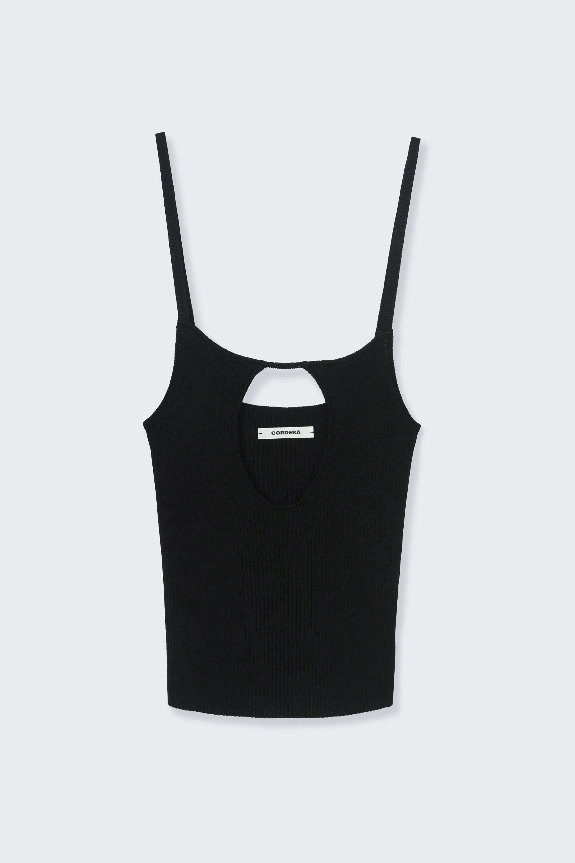 Black tank top with thin straps on a light gray background