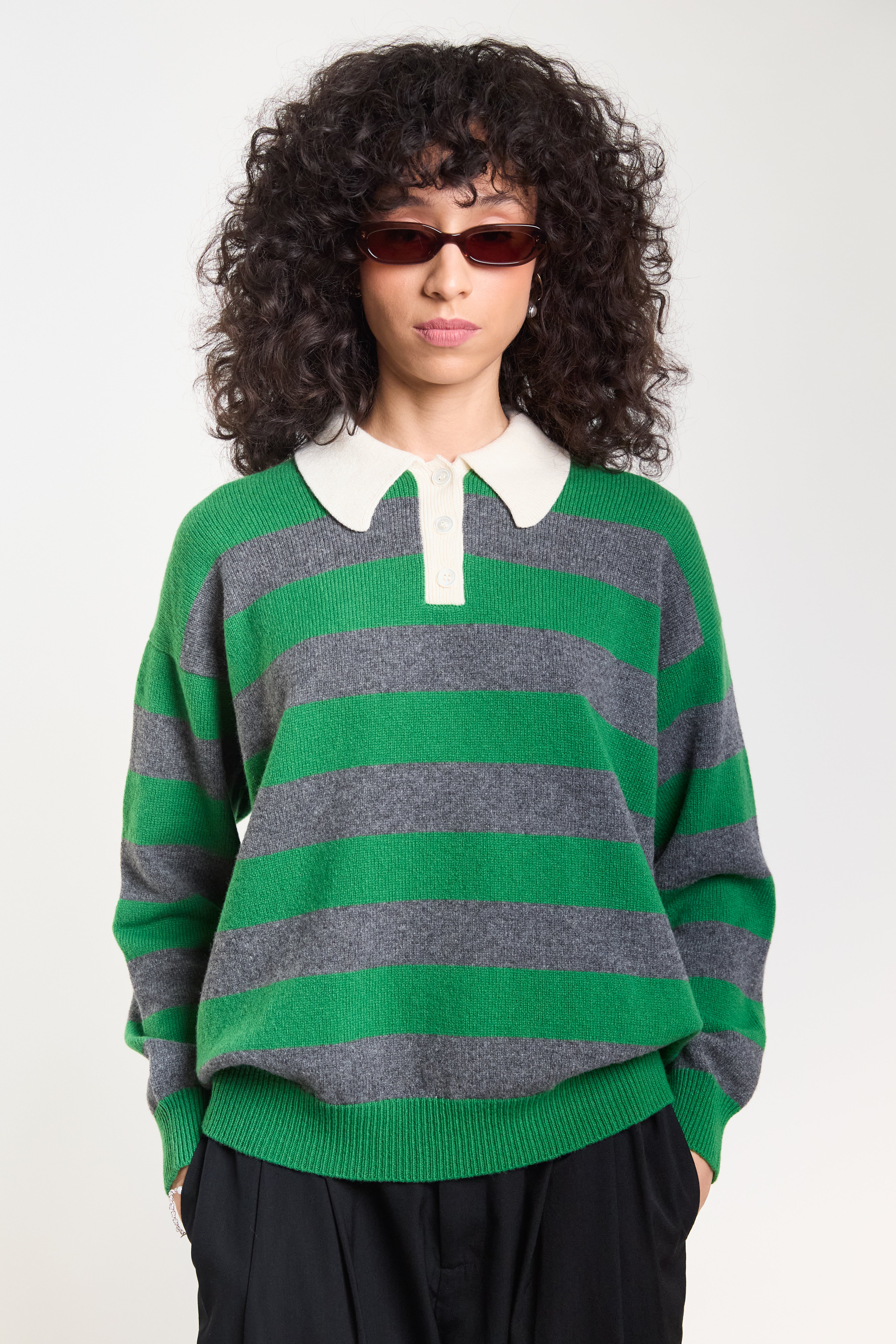 Edith Stripe Polo - Pagoda Green/Derby Grey