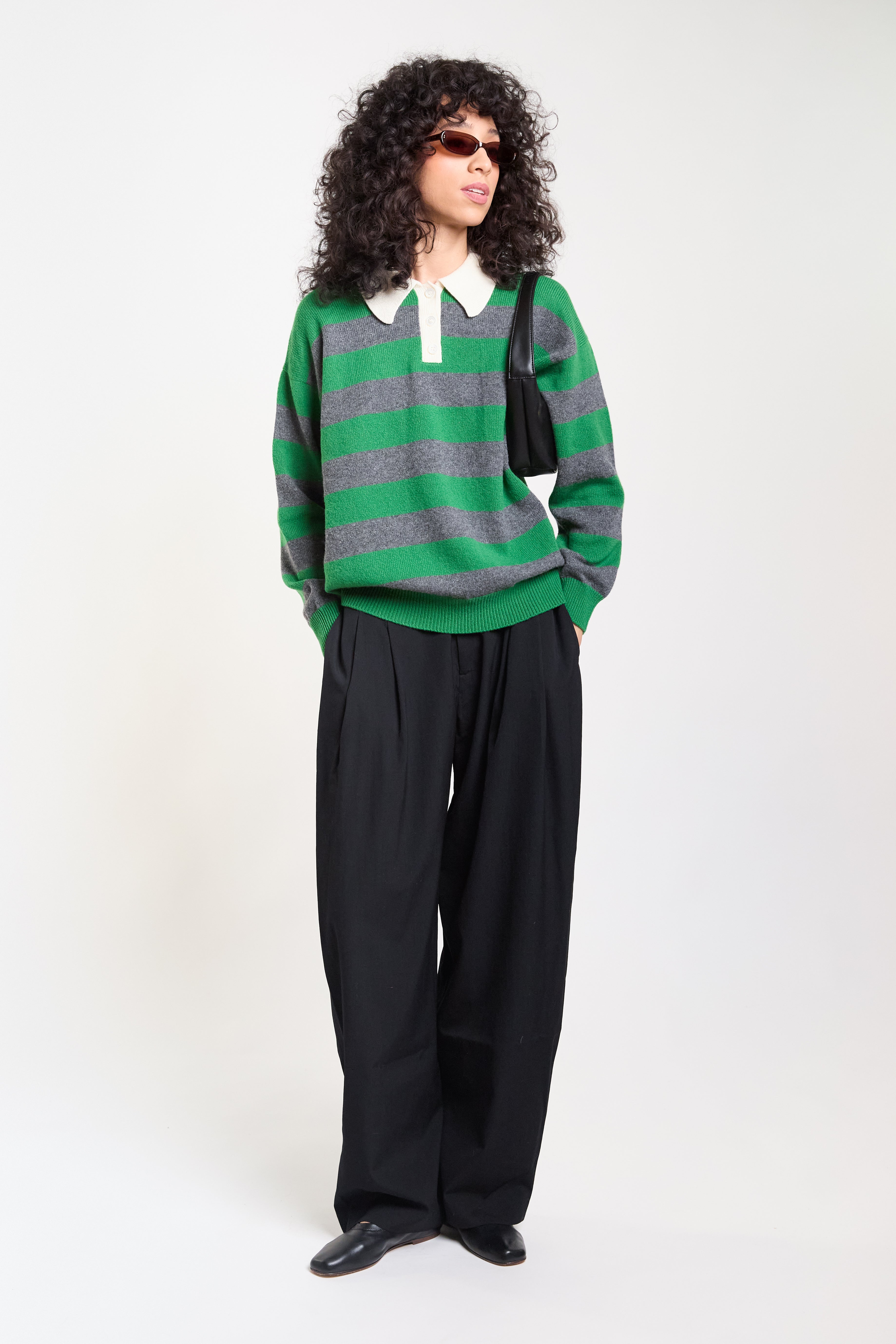 Edith Stripe Polo - Pagoda Green/Derby Grey