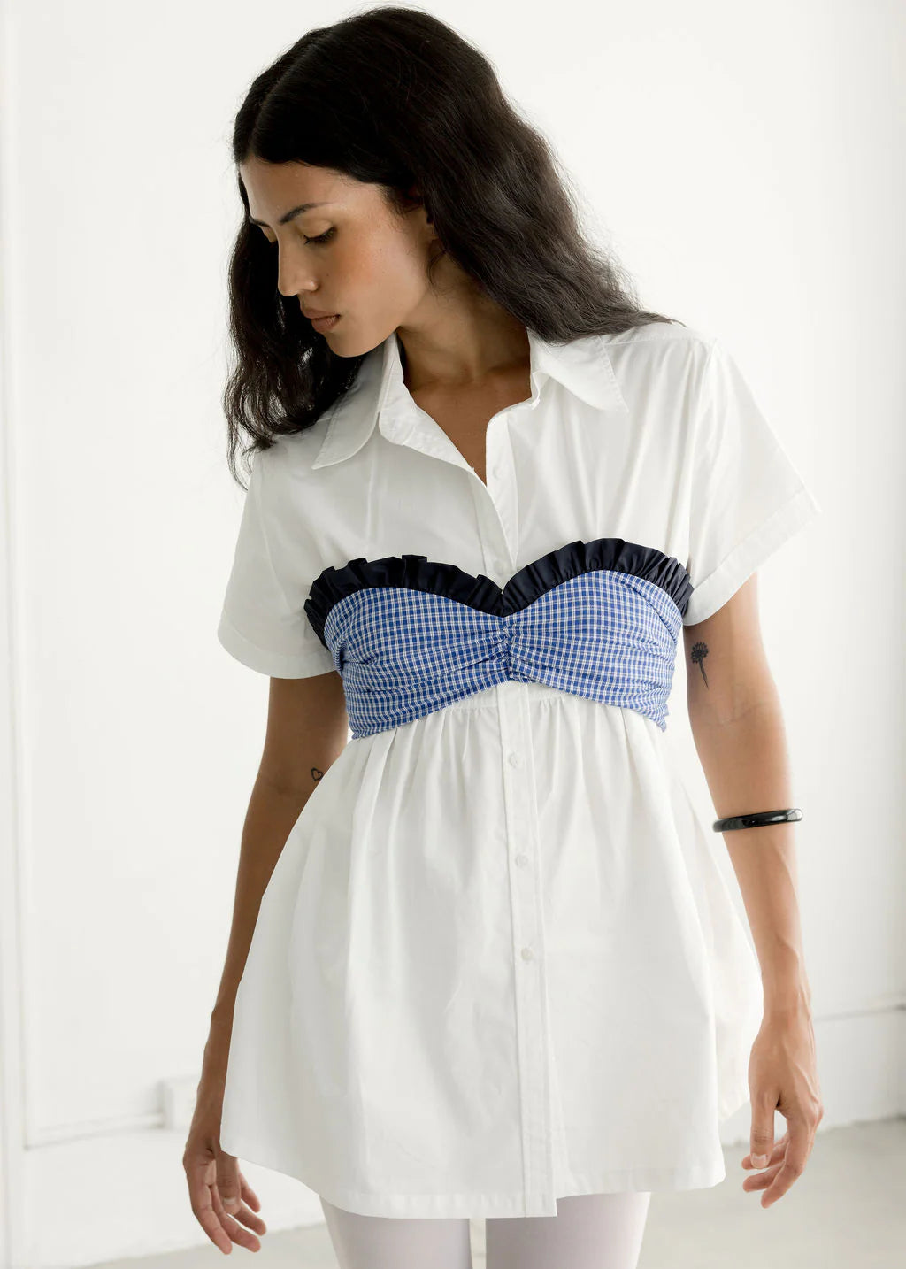 Charli Top - Ocean Gingham/White