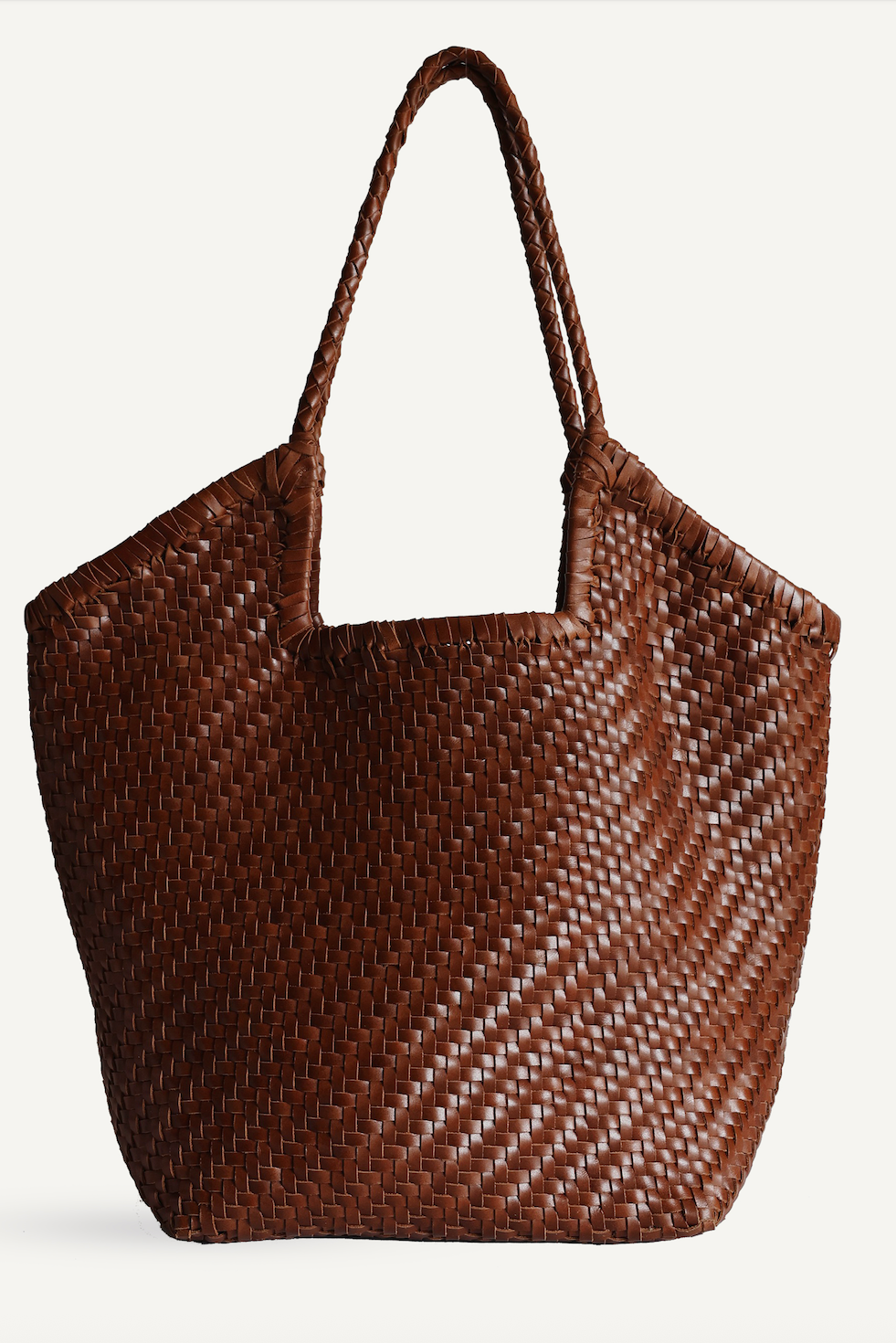Brown woven handbag on a white background