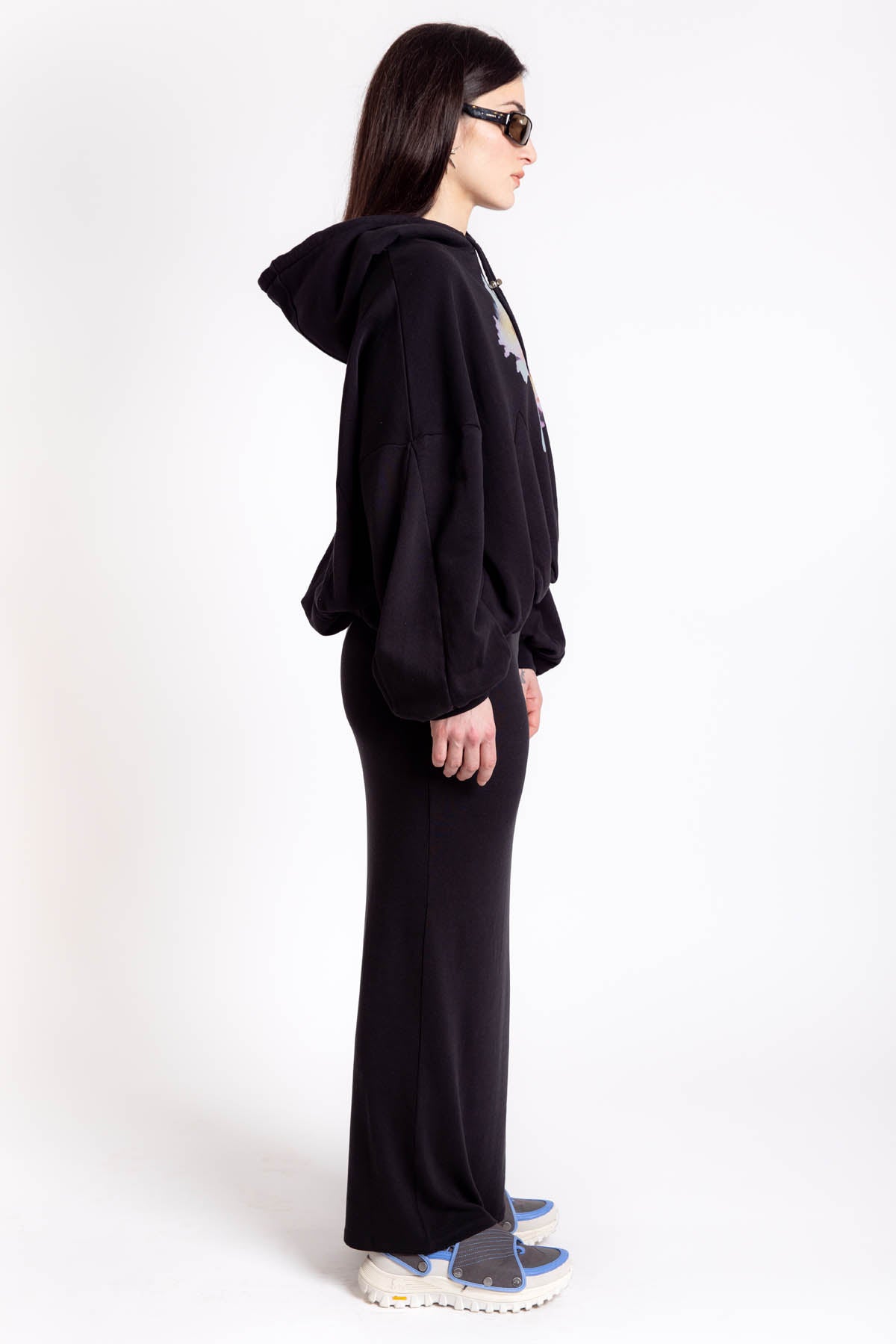 Gathered Hoodie - Black Flower Dream