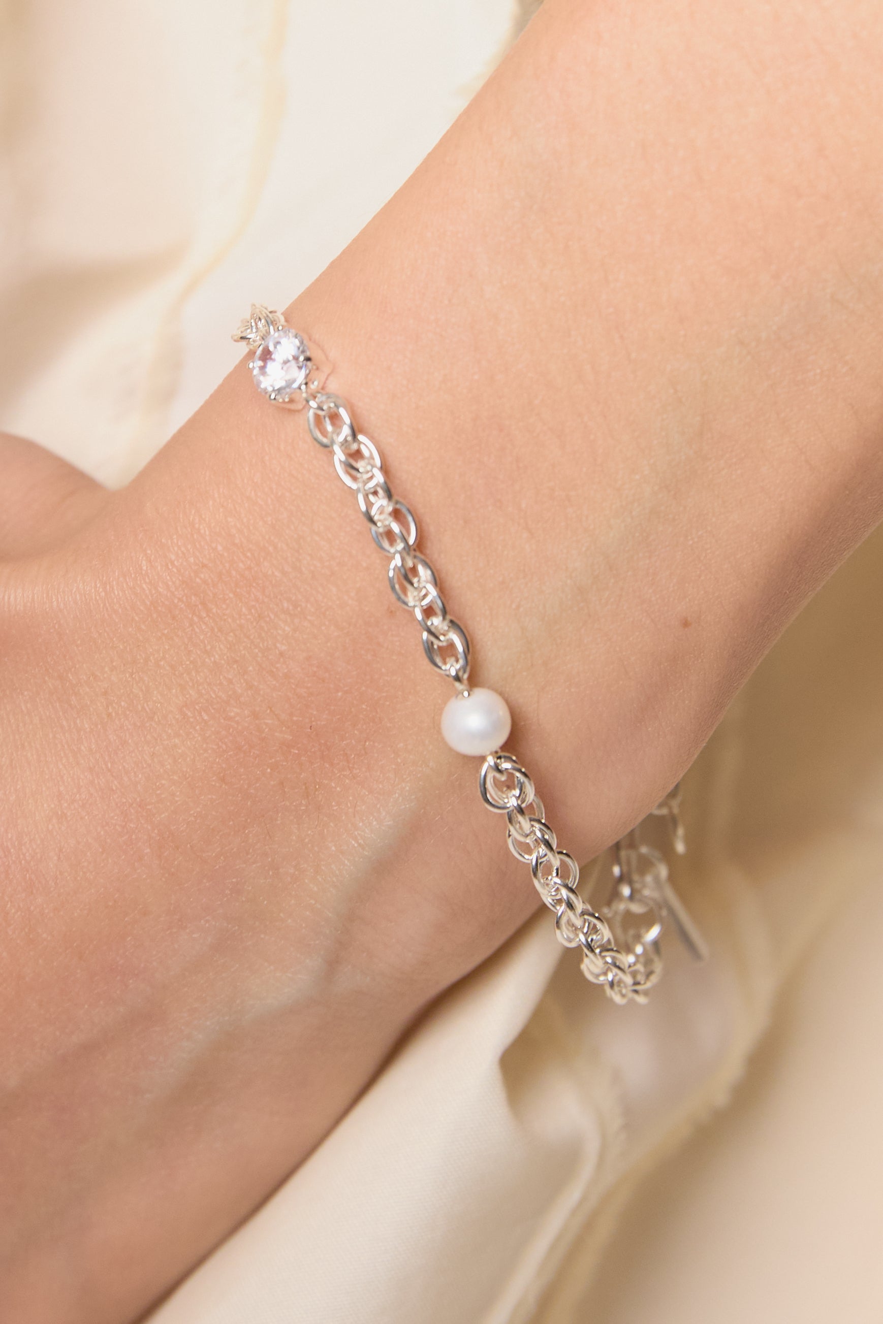 Pearl and Zirconia Silver Bracelet - Recycled Silver