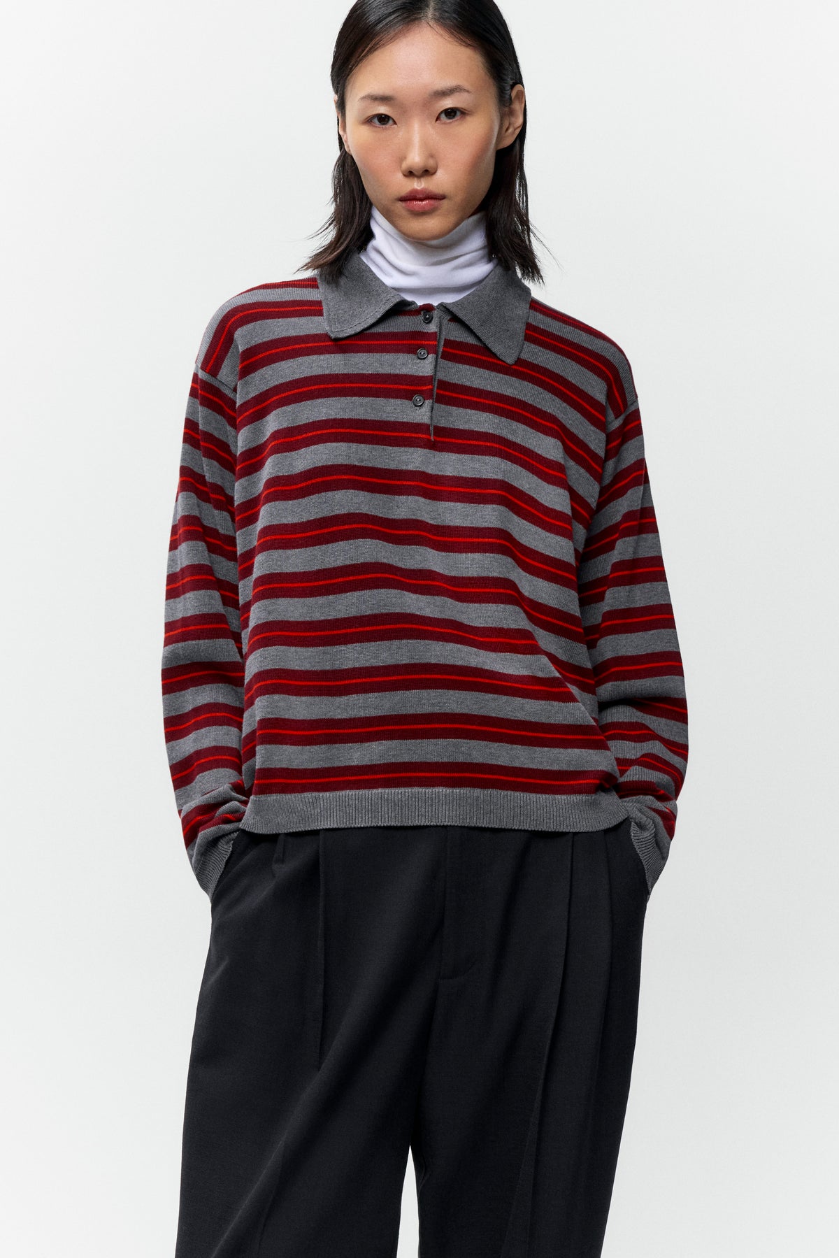 Organic Cotton Striped Polo - Red & Grey