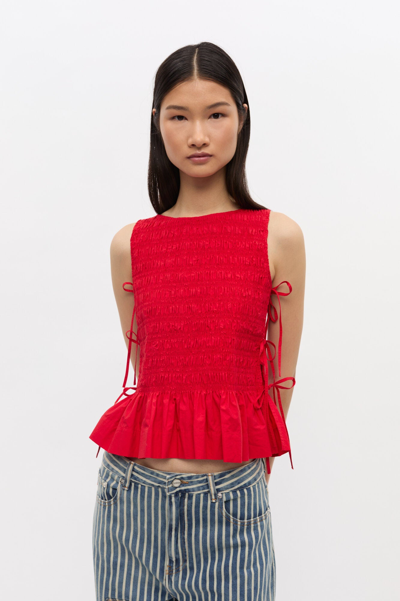 Cotton Poplin Smock Tie String Top - Racing Red