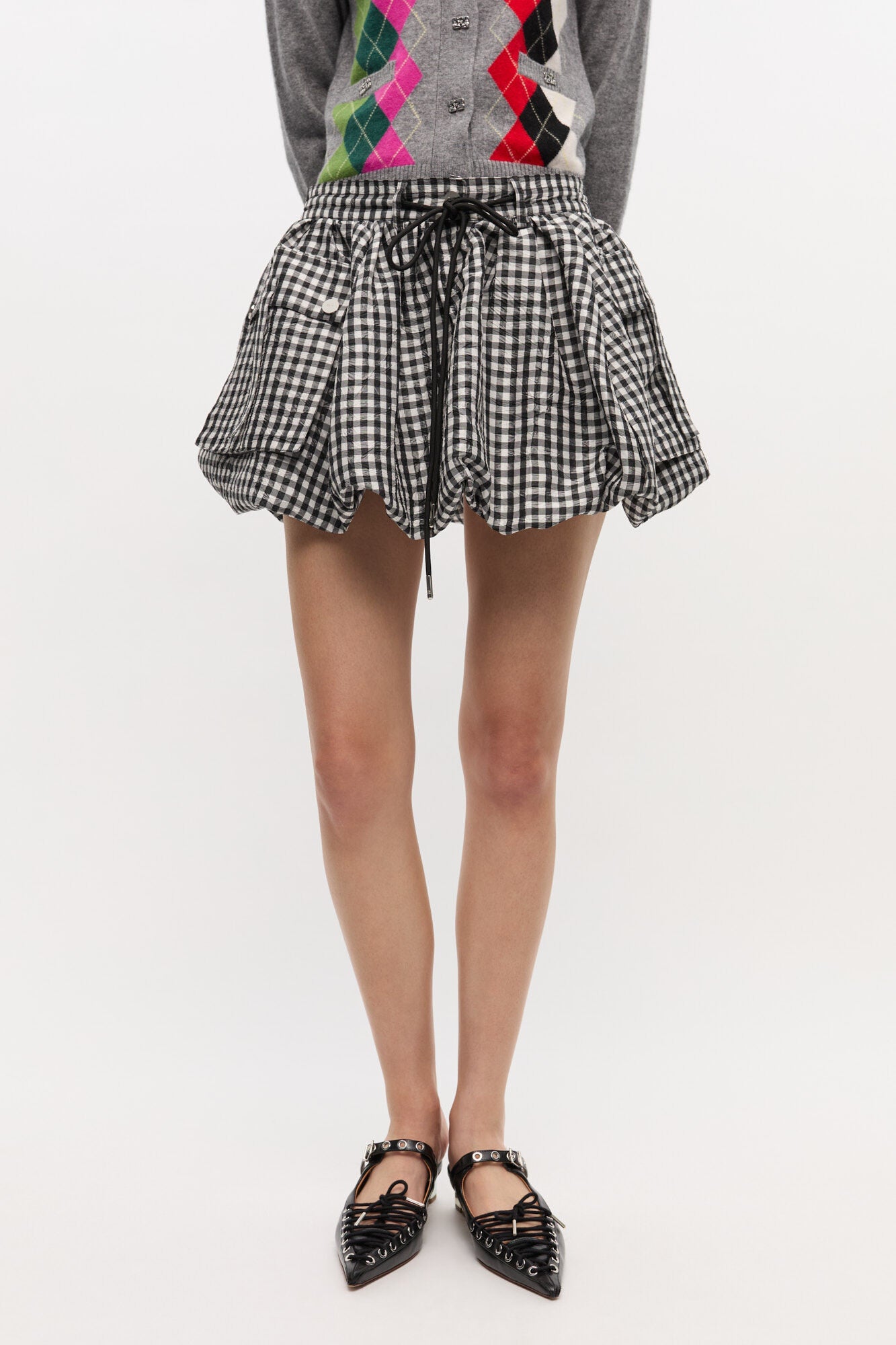 Crinkled Taffeta Check Mini Bubble Skirt - Black