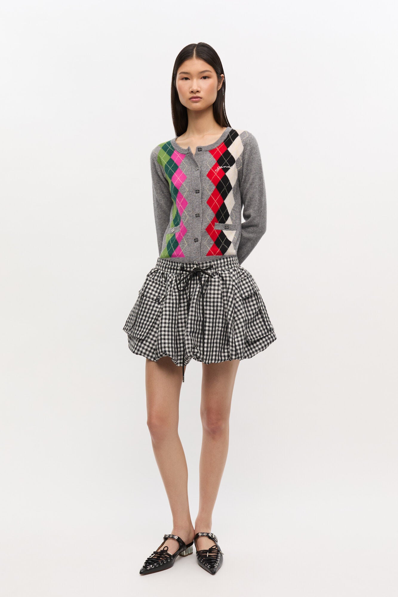 Crinkled Taffeta Check Mini Bubble Skirt - Black
