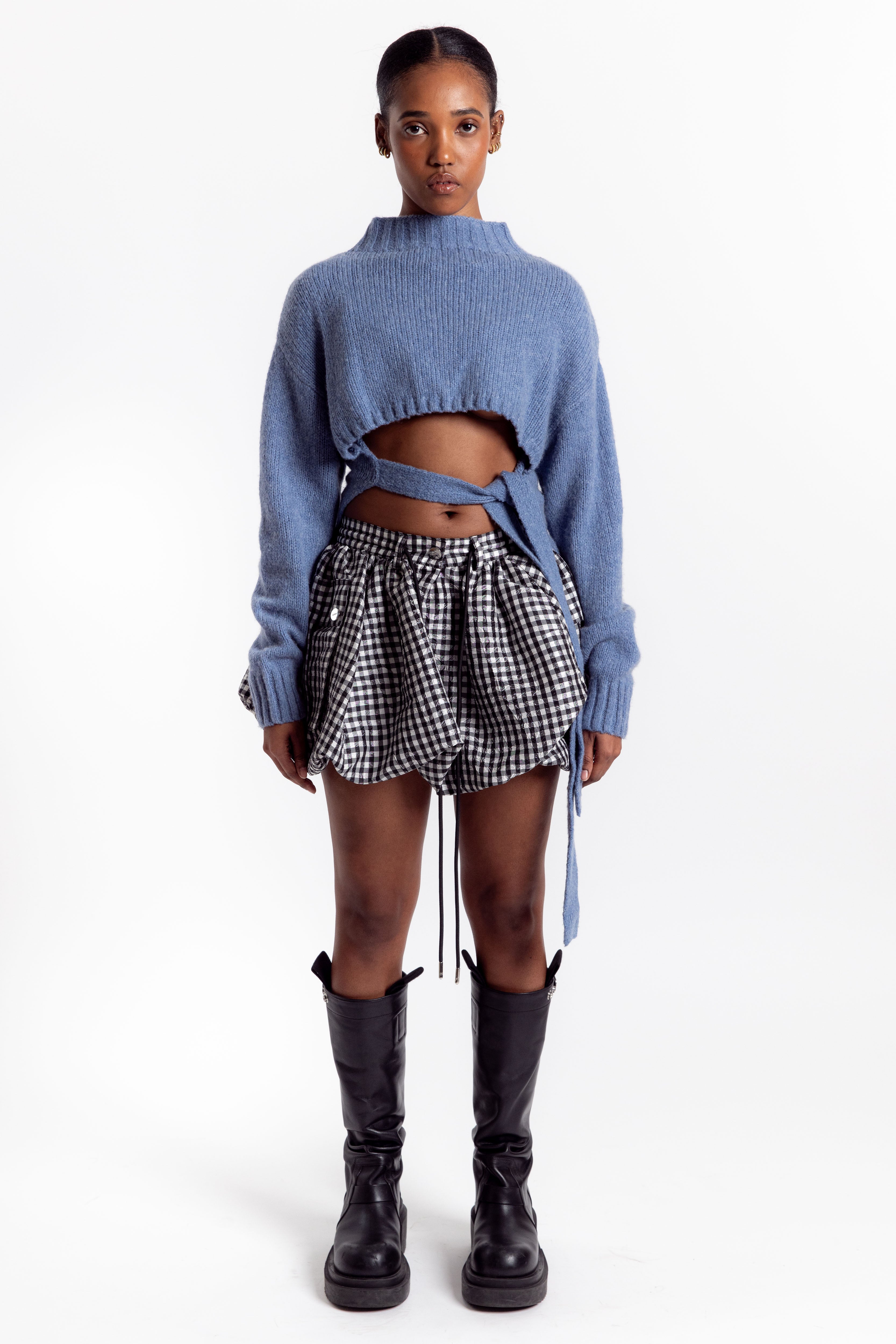 Crinkled Taffeta Check Mini Bubble Skirt - Black