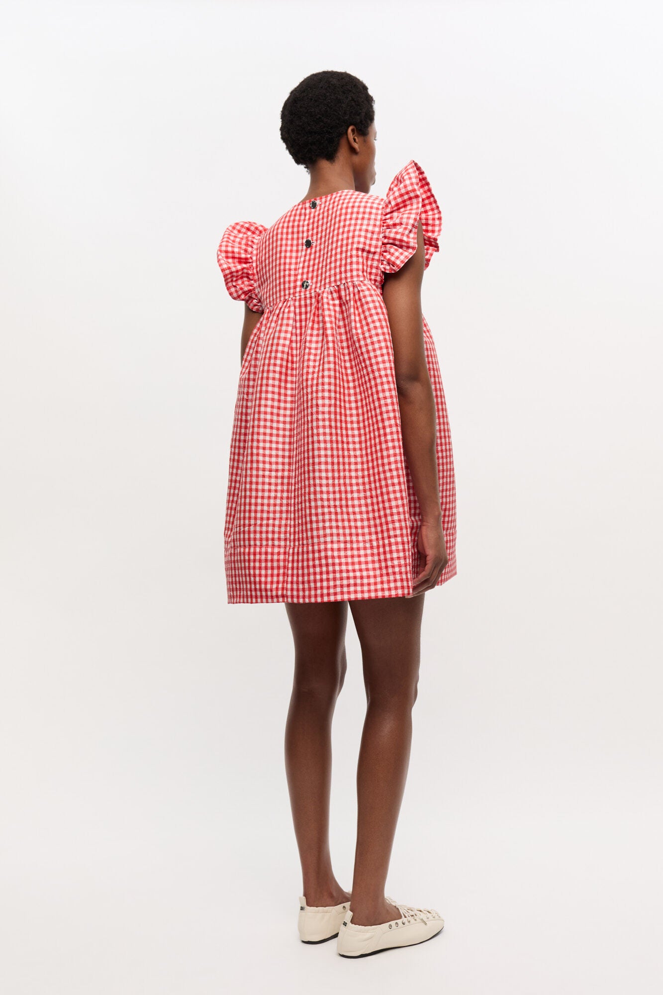 Crinkled Taffeta Check Frill Mini Dress - Red Alert