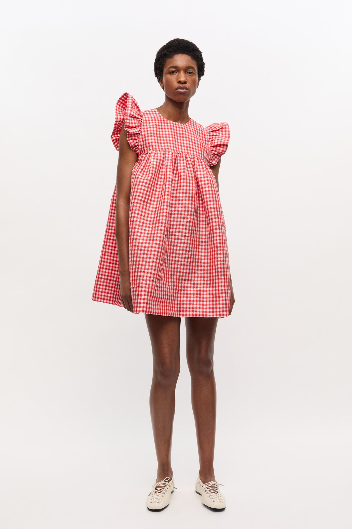 Crinkled Taffeta Check Frill Mini Dress - Red Alert
