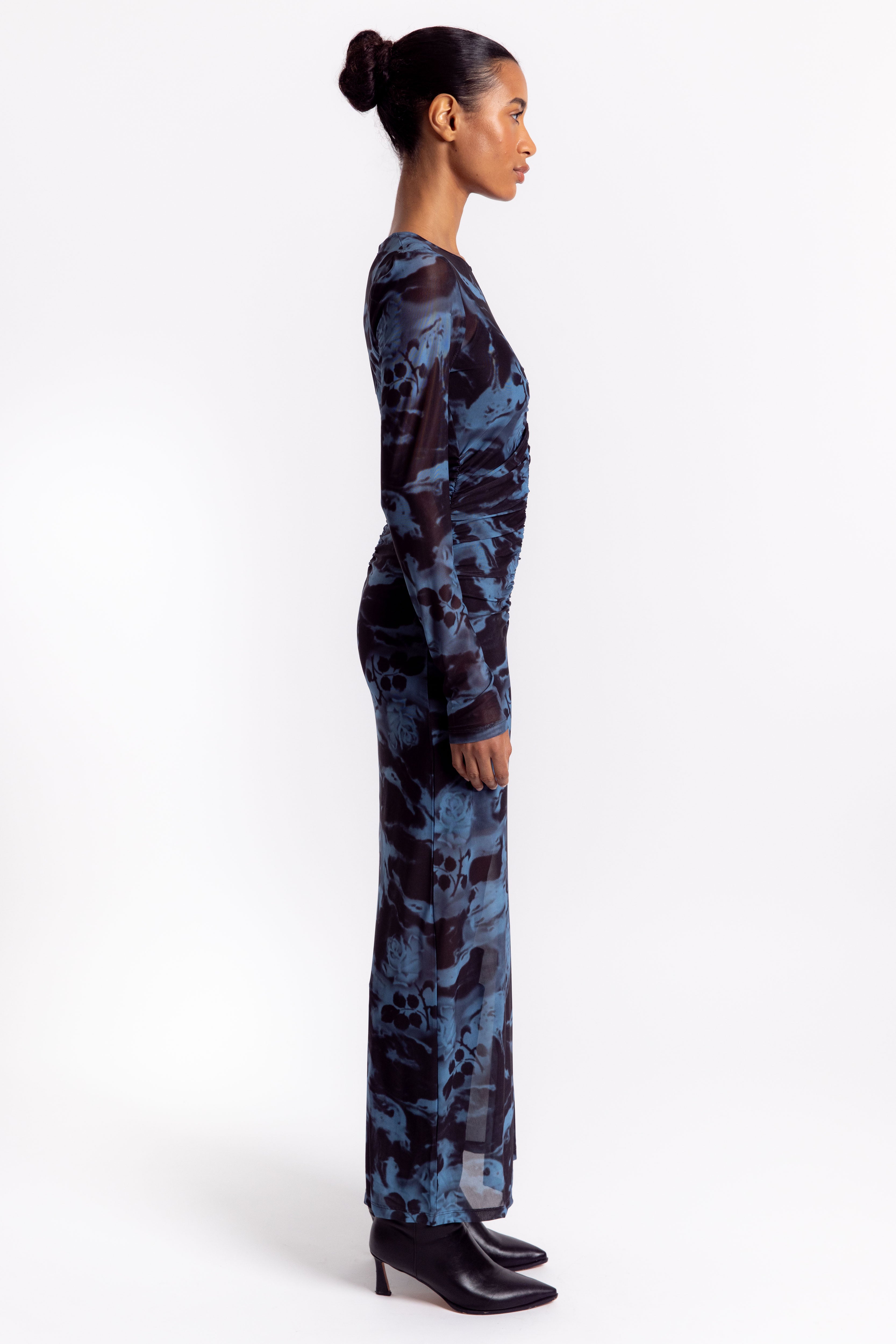 Printed Mesh O-neck Ruched Long Dress - Blue Shadow