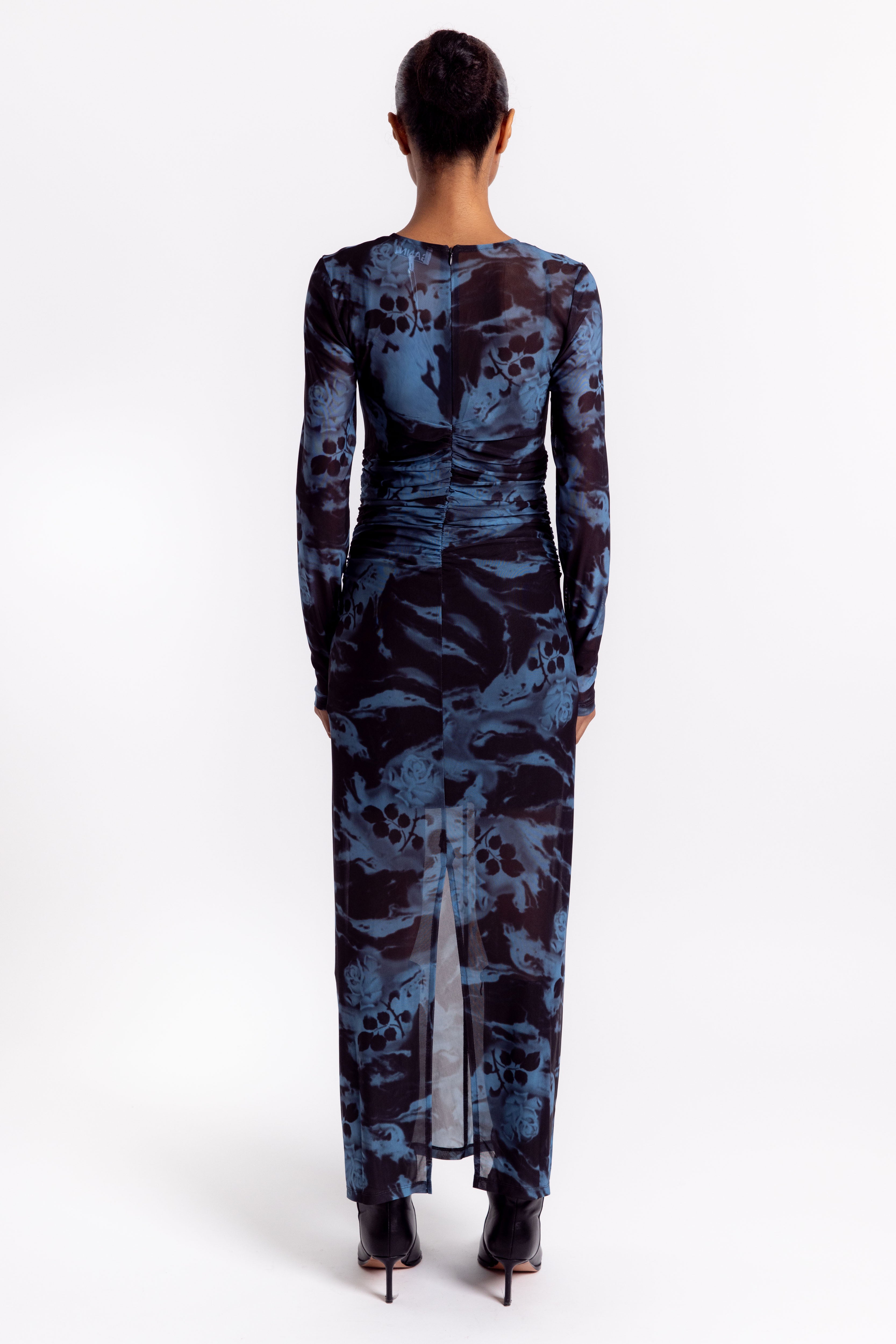 Printed Mesh O-neck Ruched Long Dress - Blue Shadow