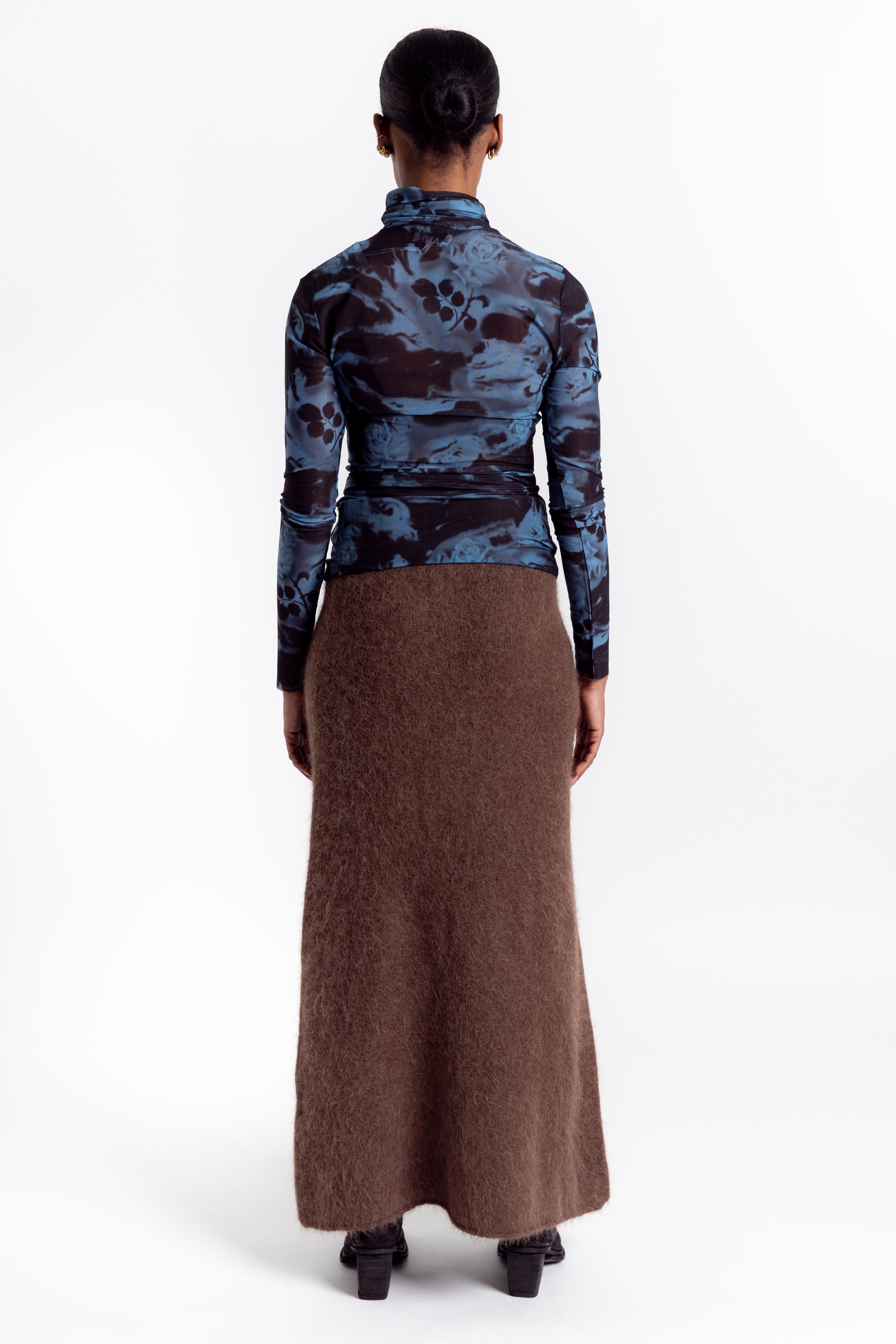 Printed Mesh Long Sleeve Rollneck - Blue Shadow