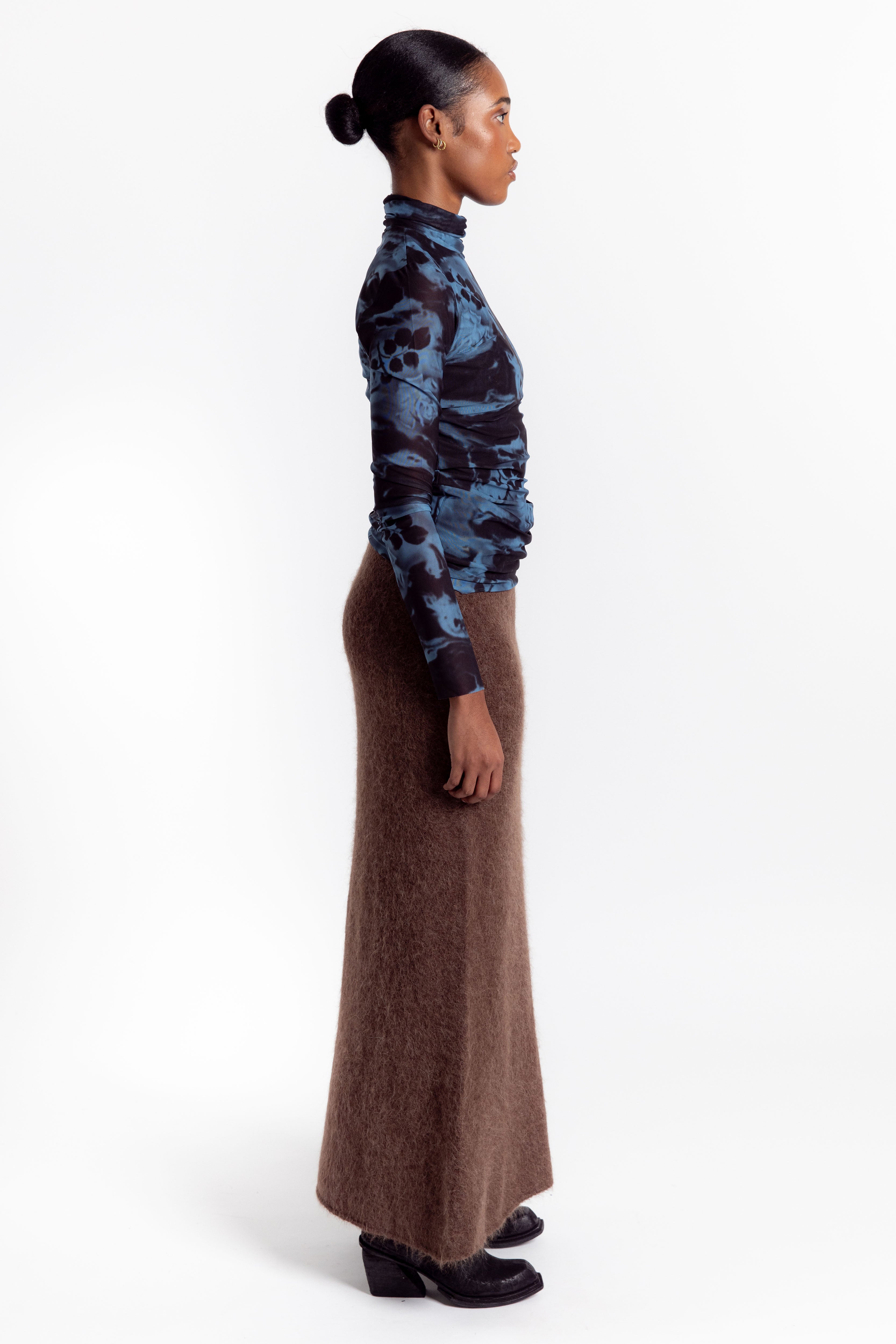 Printed Mesh Long Sleeve Rollneck - Blue Shadow