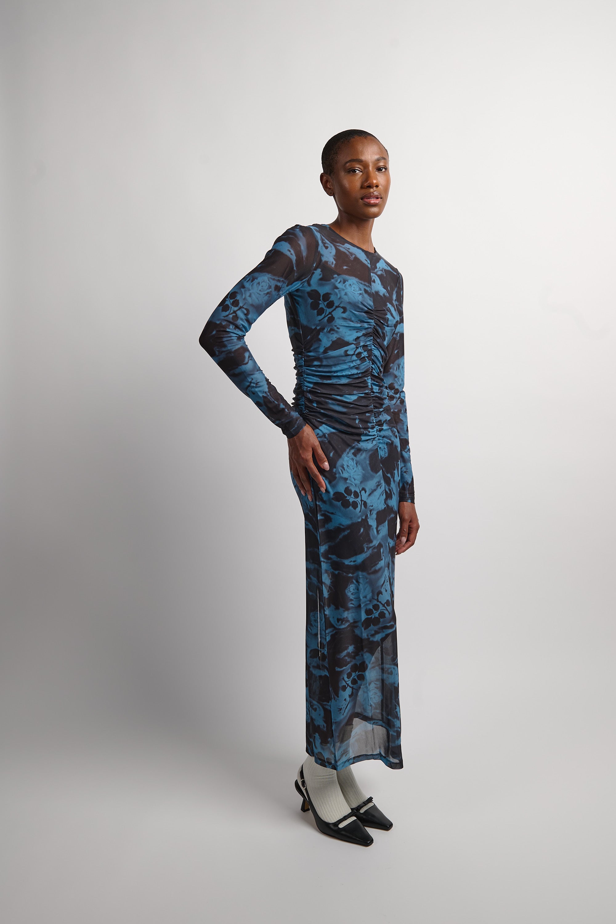 Printed Mesh O-neck Ruched Long Dress - Blue Shadow