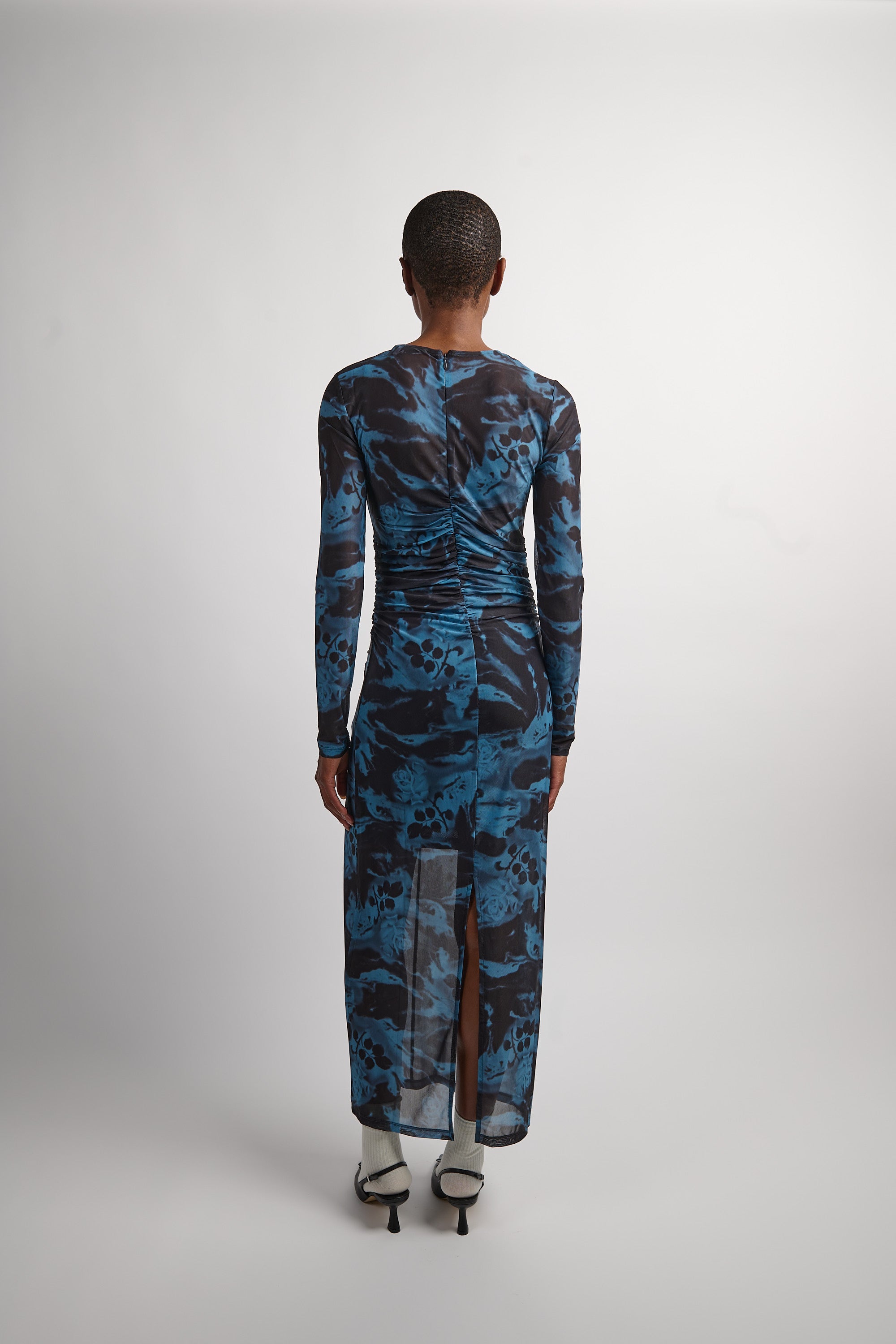 Printed Mesh O-neck Ruched Long Dress - Blue Shadow