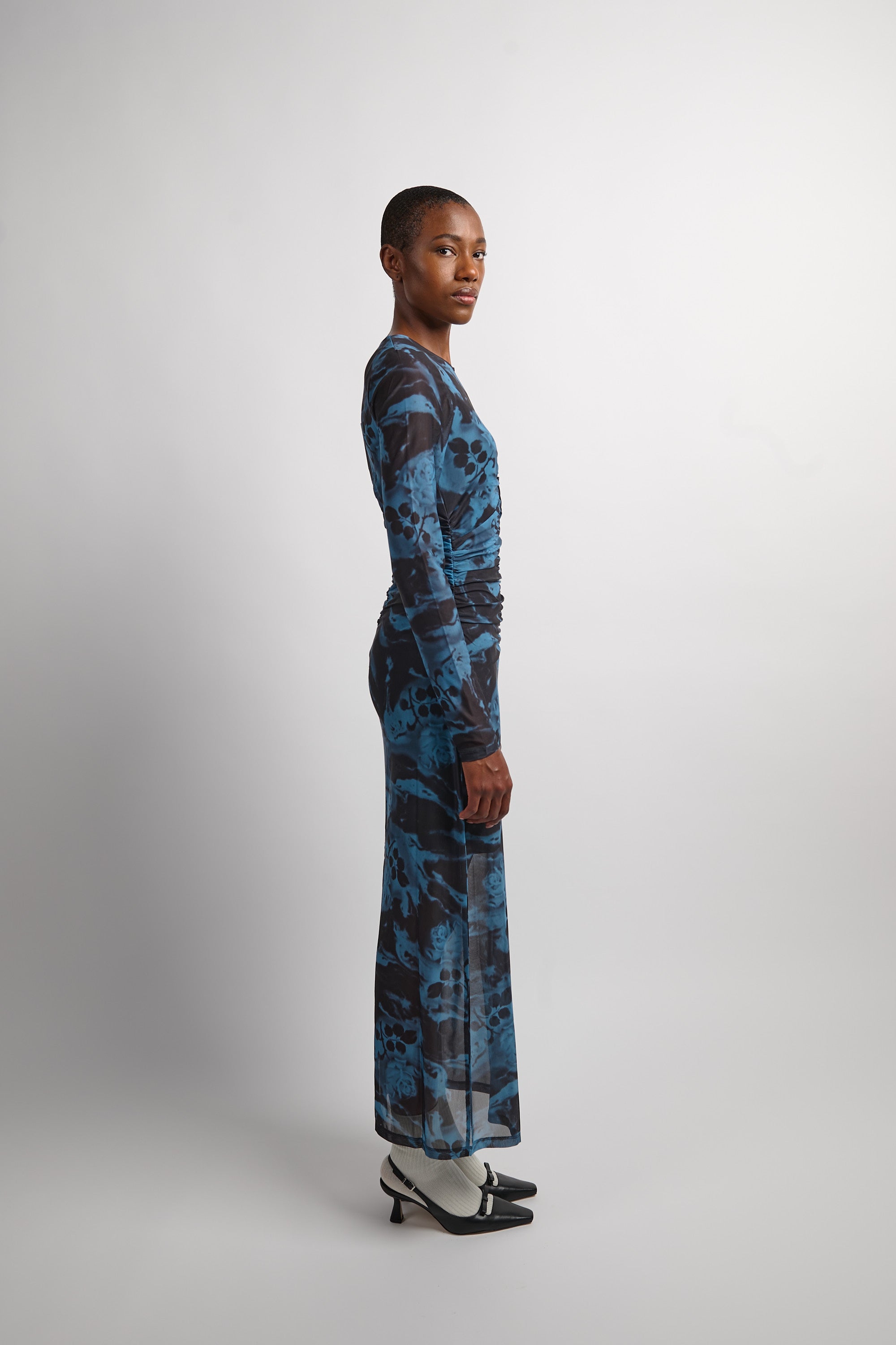 Printed Mesh O-neck Ruched Long Dress - Blue Shadow