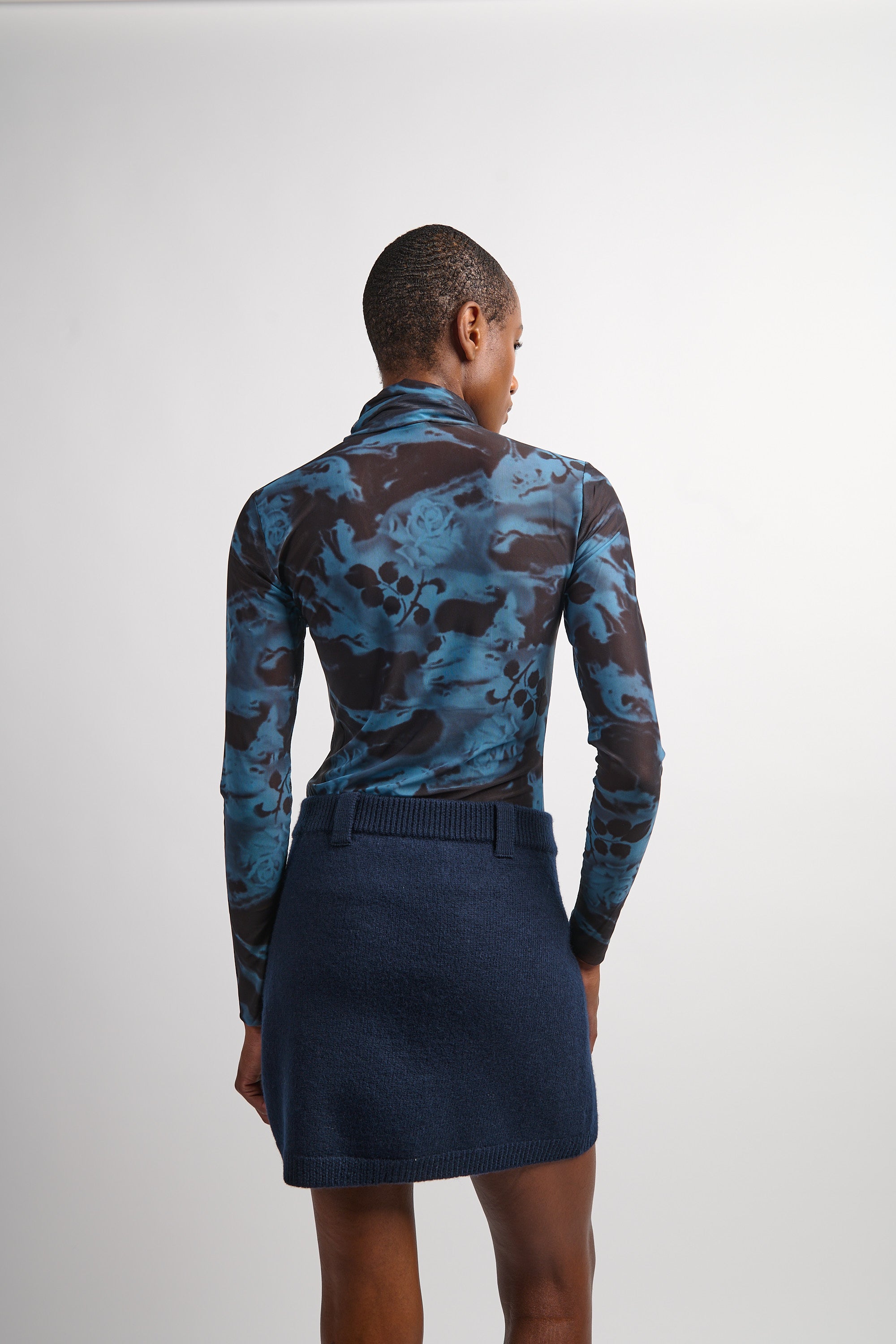 Printed Mesh Long Sleeve Rollneck - Blue Shadow