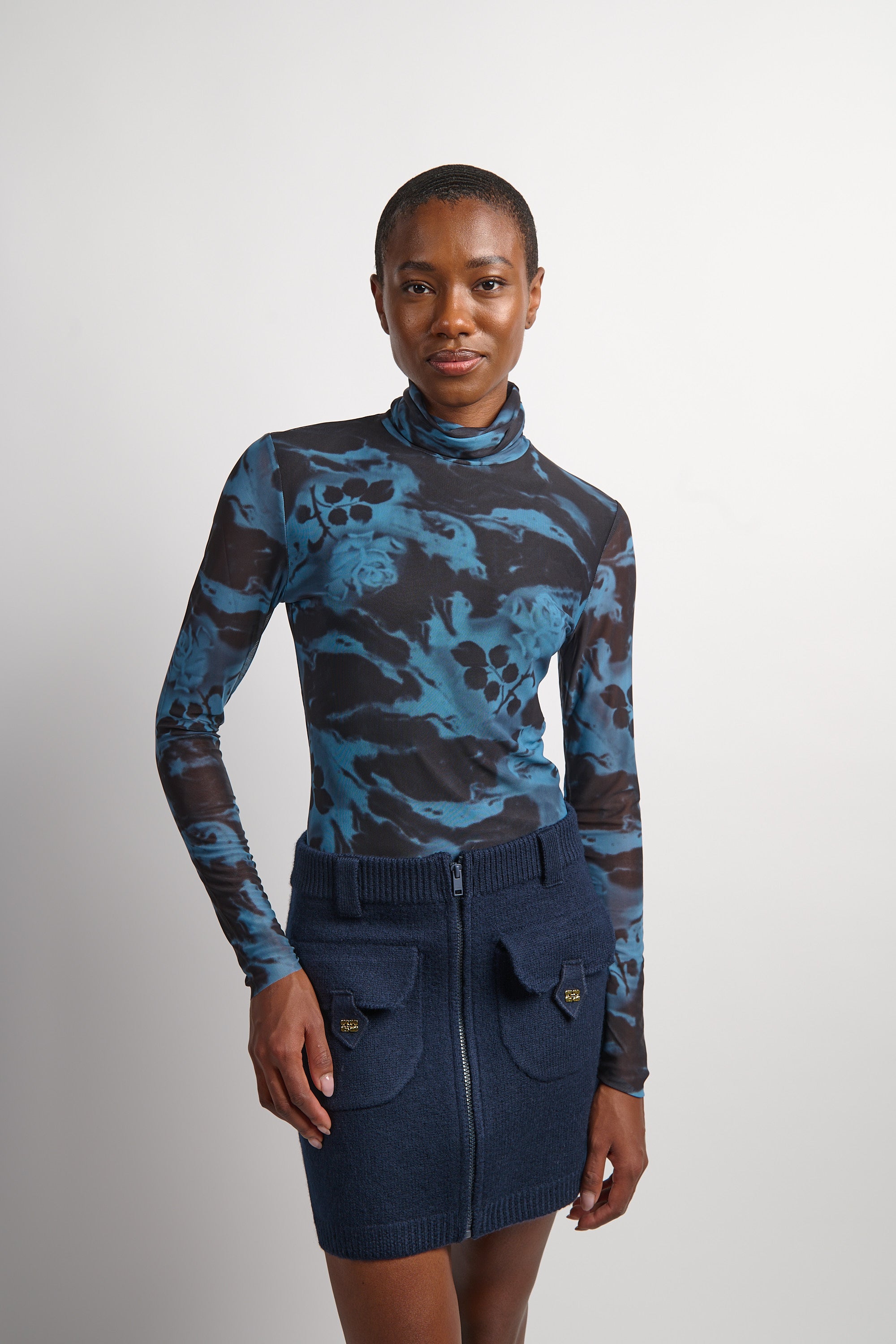 Printed Mesh Long Sleeve Rollneck - Blue Shadow