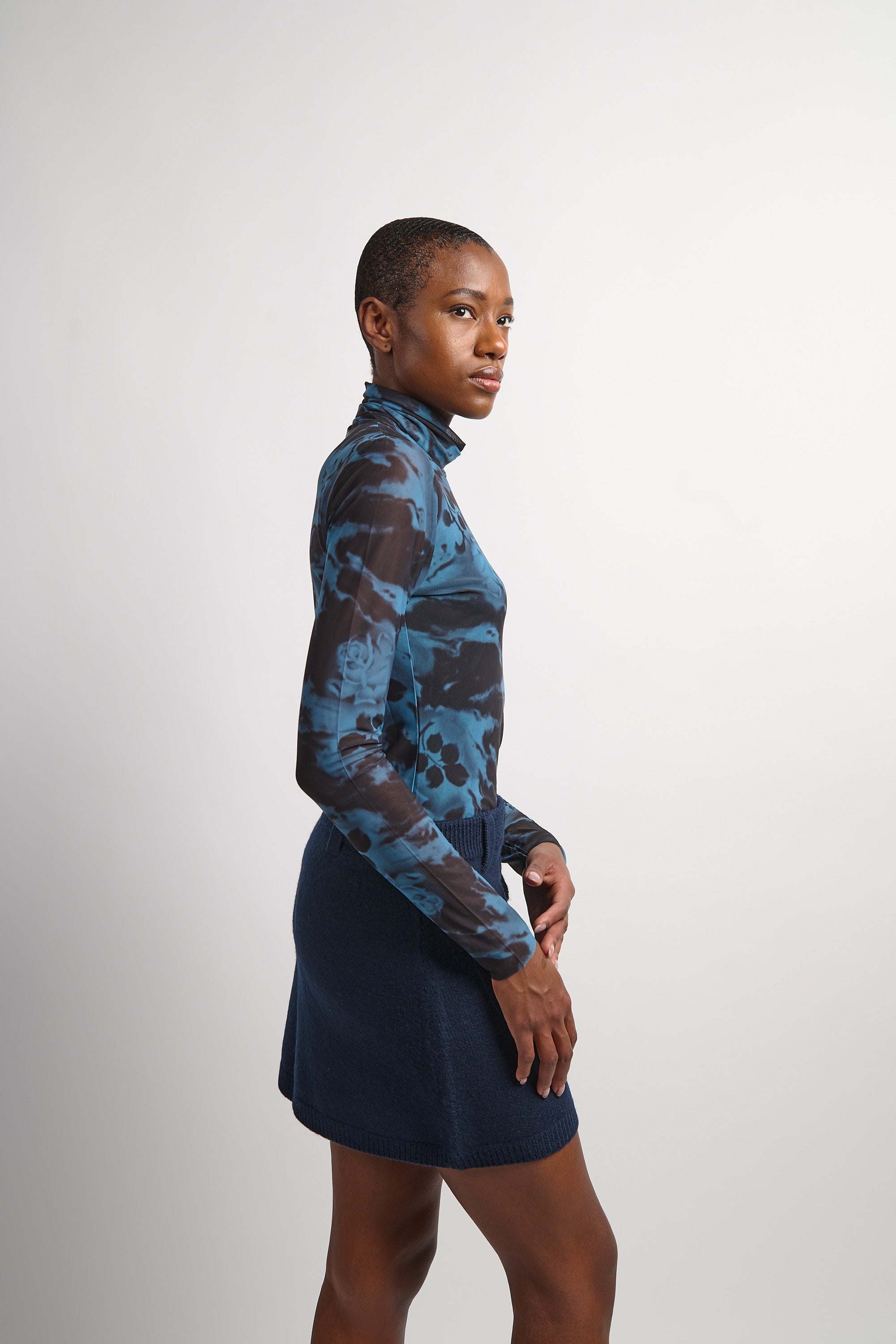 Printed Mesh Long Sleeve Rollneck - Blue Shadow