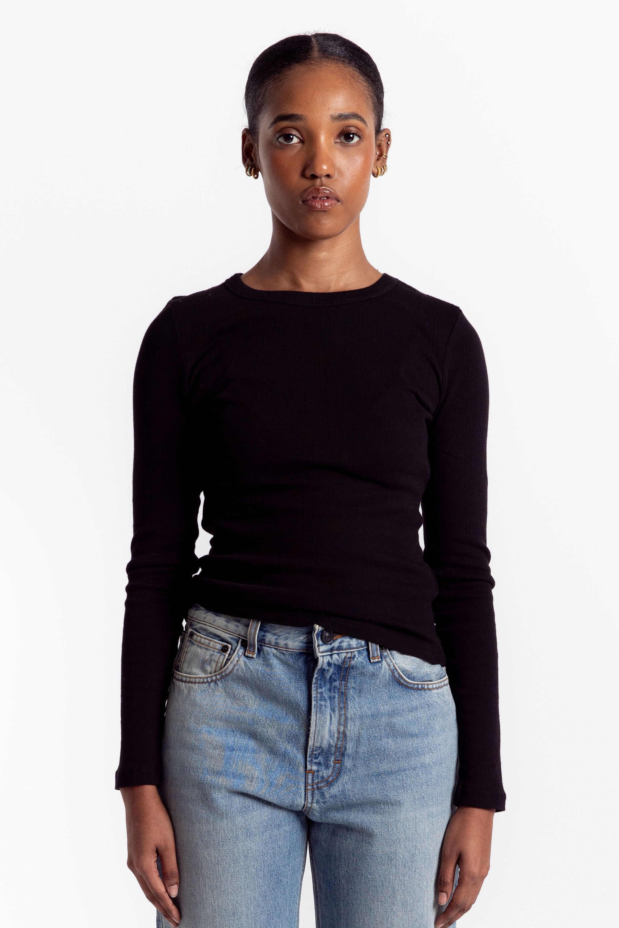 Organic Cotton Soft Rib Long Sleeve Top - Black
