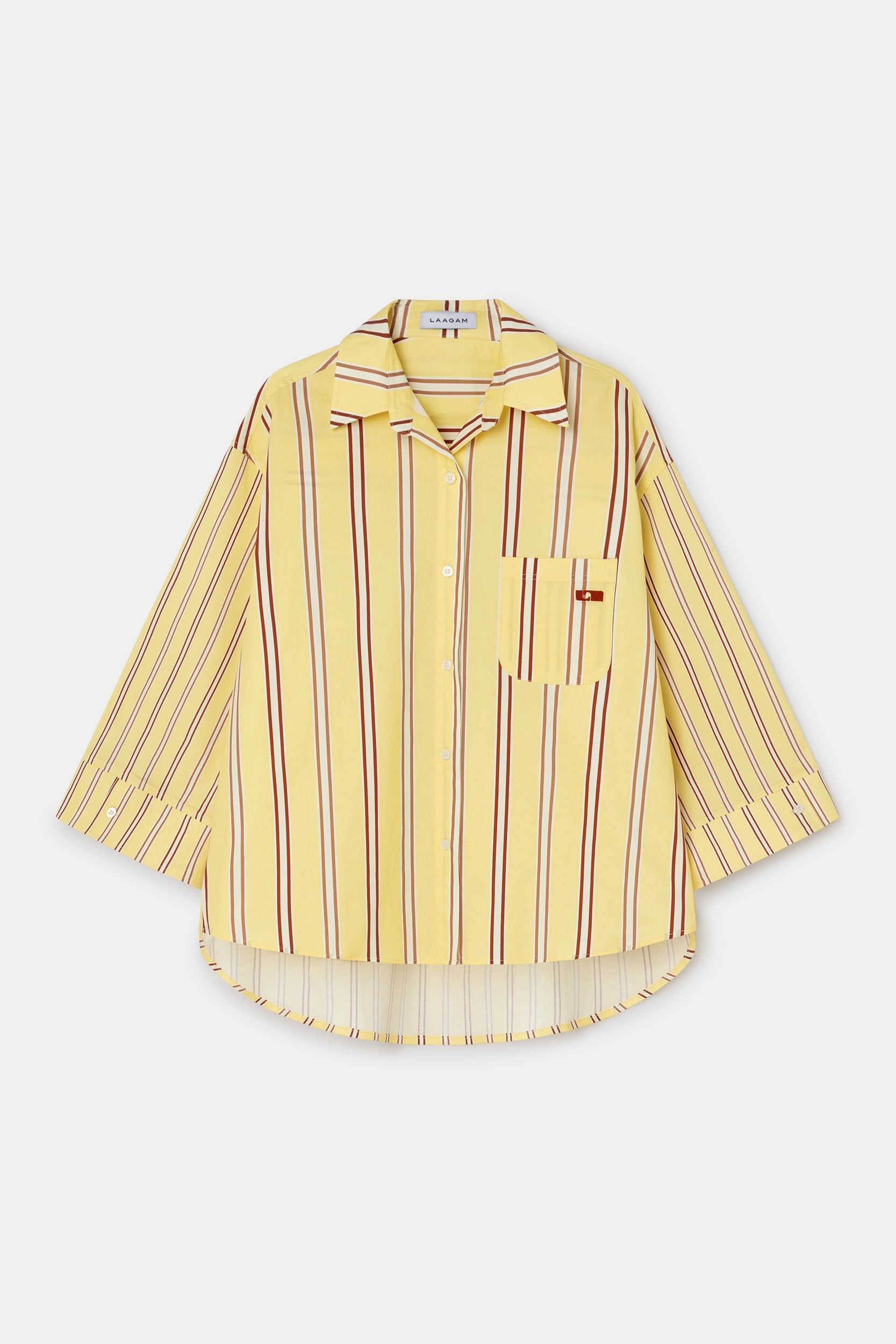 Yellow striped shirt with a sheer overlay on a white background