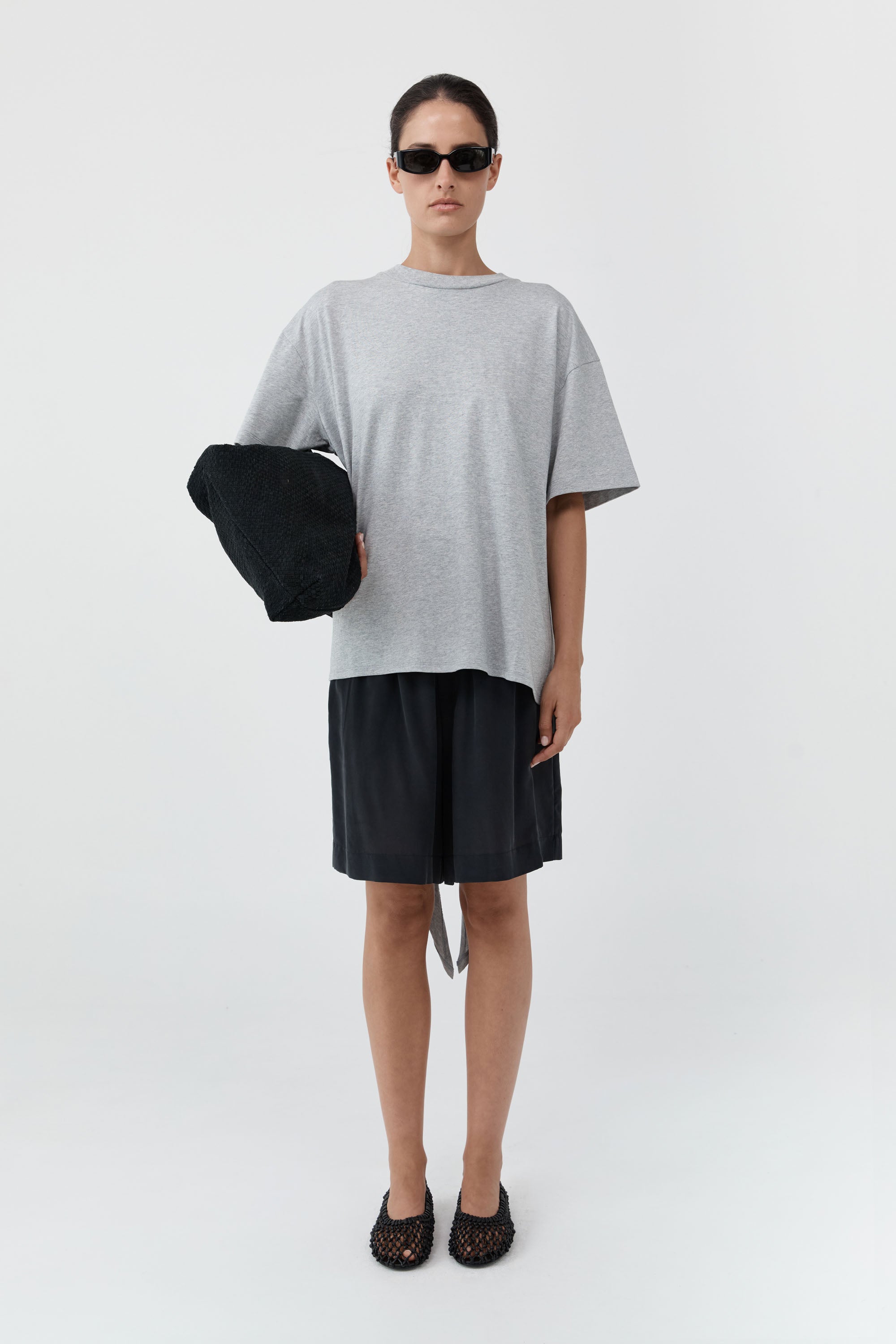 Cotton Jersey Split Back Tee - Light Grey Marle