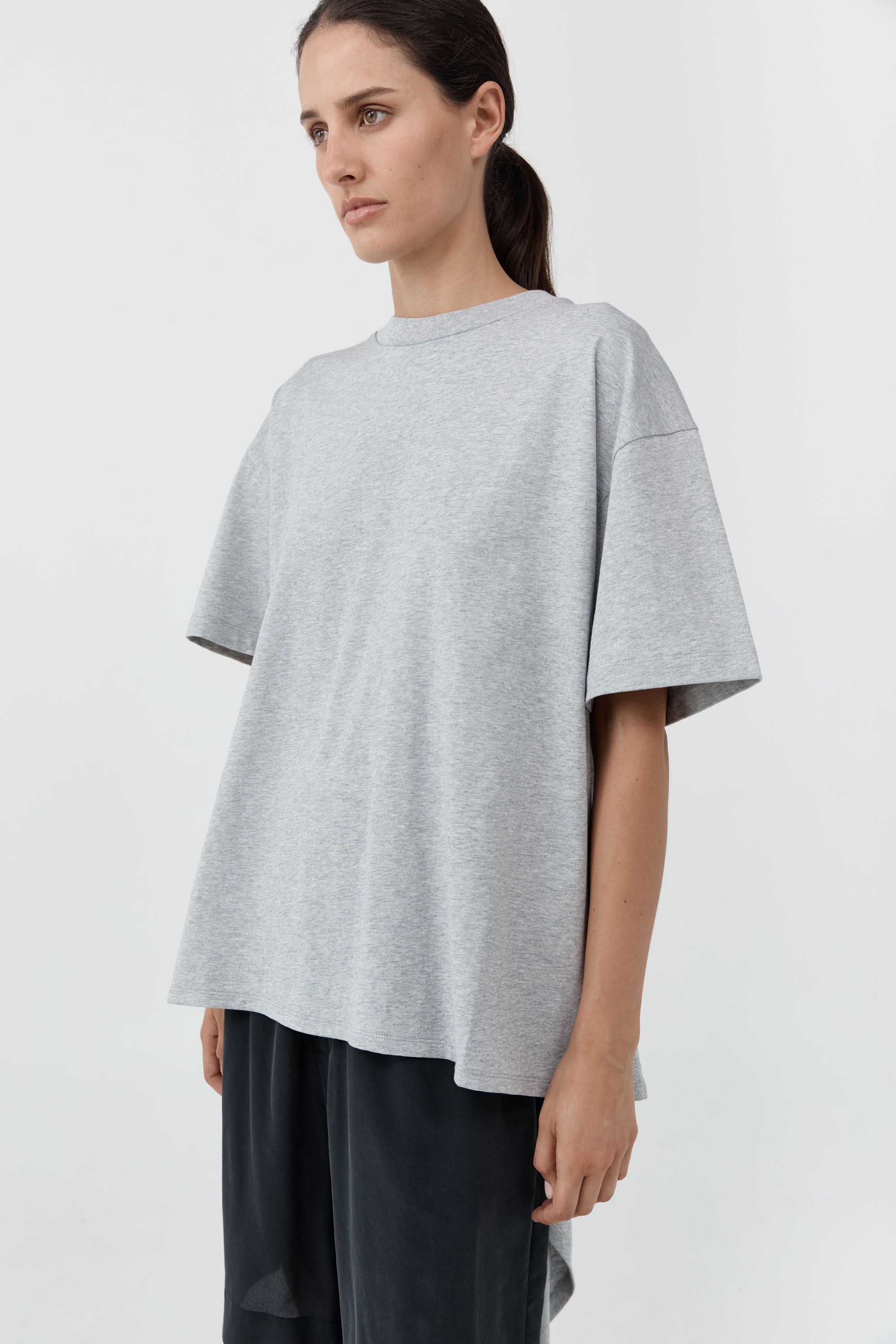 Cotton Jersey Split Back Tee - Light Grey Marle