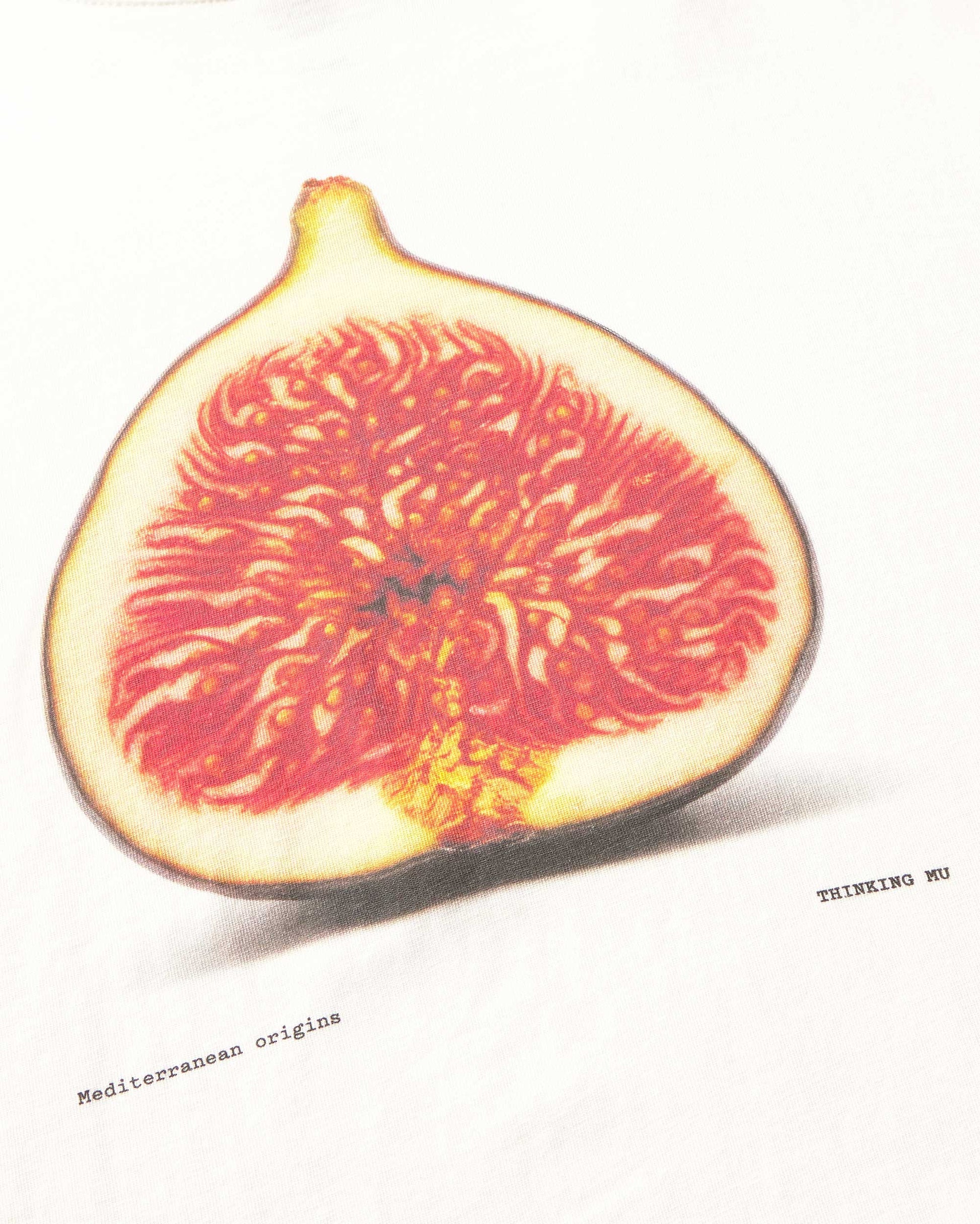 A botanical-style illustration of a halved fig with bright red-pink interior and pale yellow skin on a white background, with small text reading 'Mediterranean origins' and 'THINKING MU'.