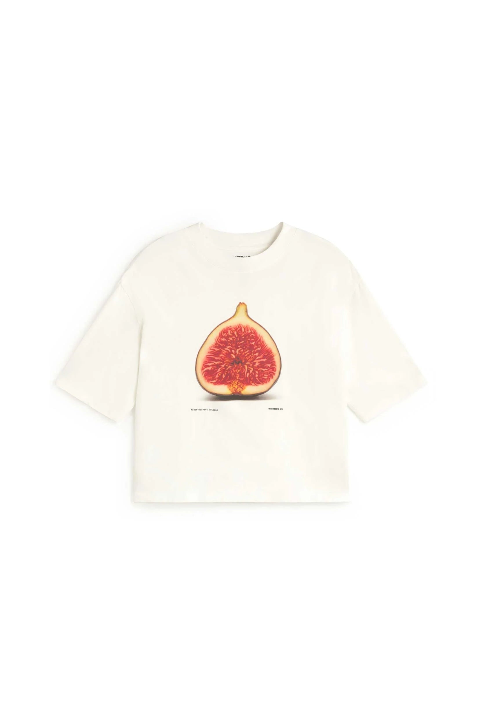 An off-white short-sleeve t-shirt featuring a detailed graphic print of a sliced fig fruit on the chest, displayed flat against a solid white background.