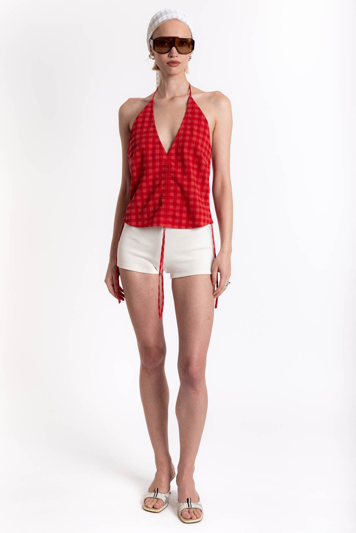 Red Checks Seersucker Hiba Top - Red