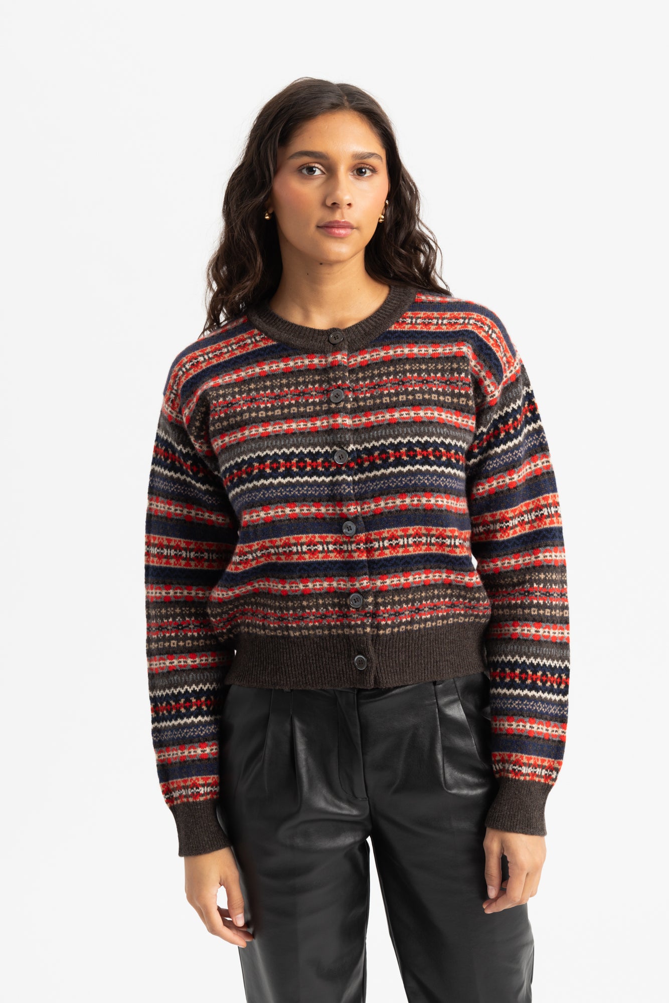 Ada Fairisle Crewneck Cardigan - Cocoa/Outerspace